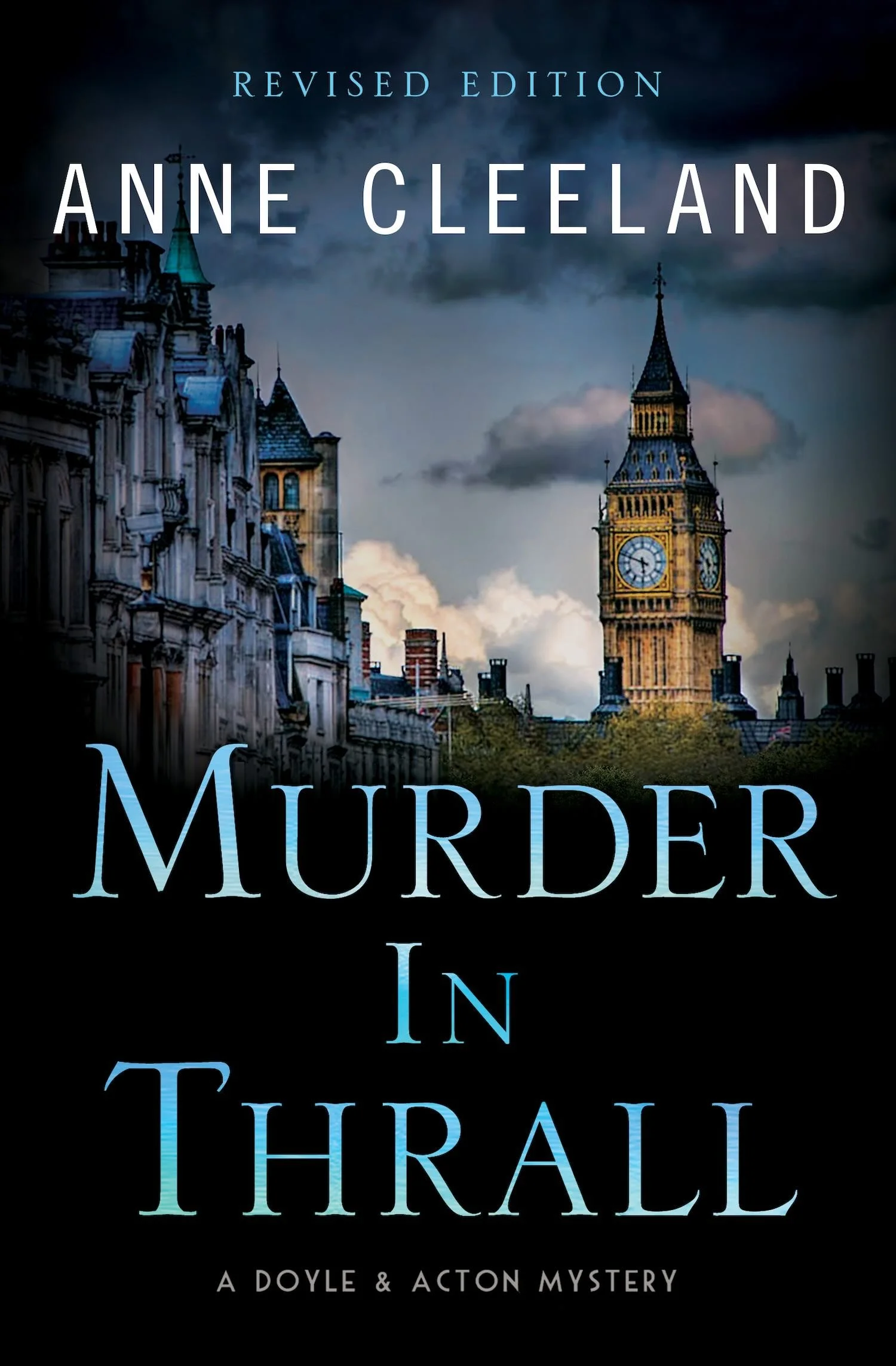 A book cover with a European clock tower in front of a cloudy sky