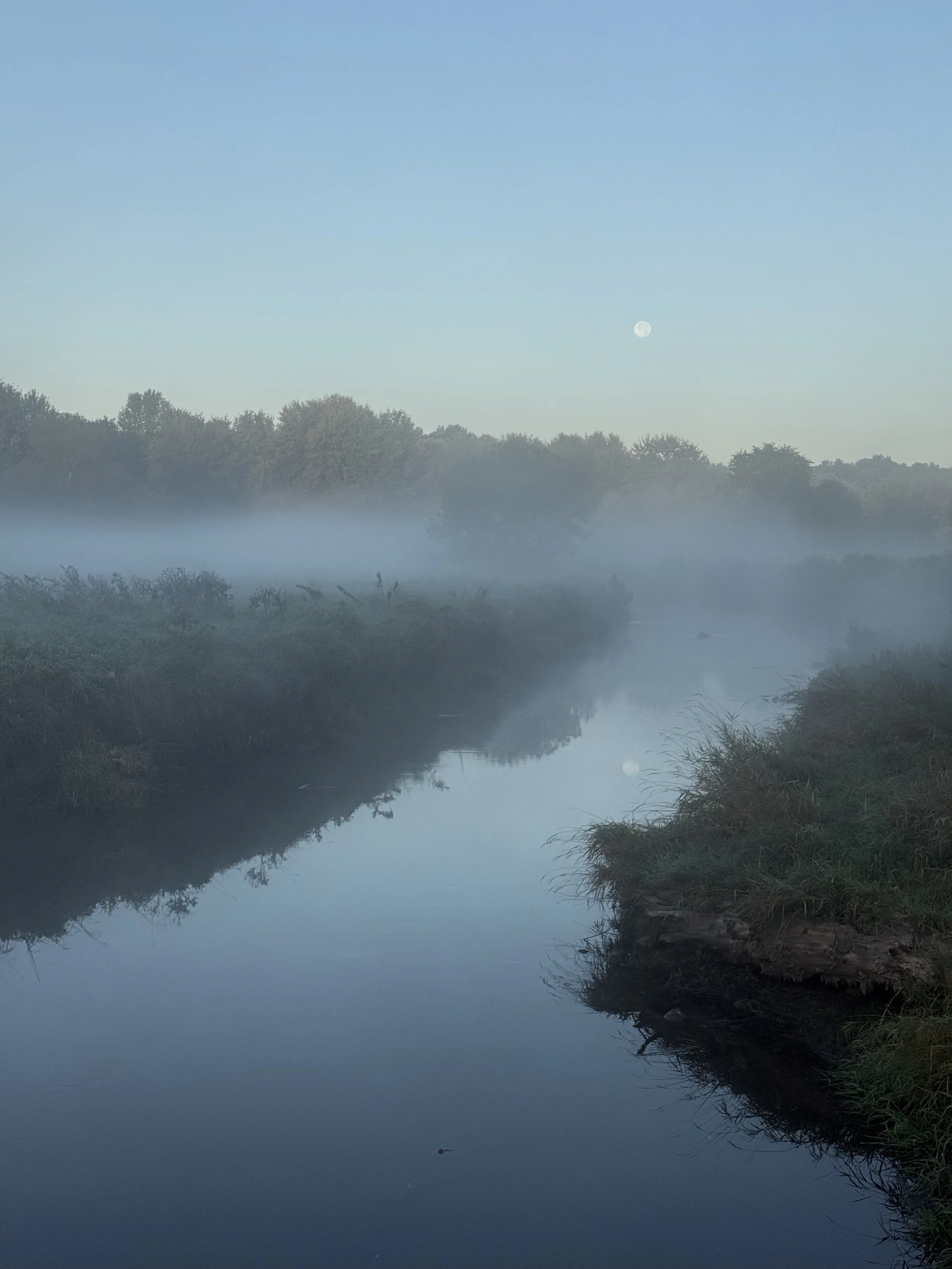 A view of the moon in the morning over a creek in the fog in September.