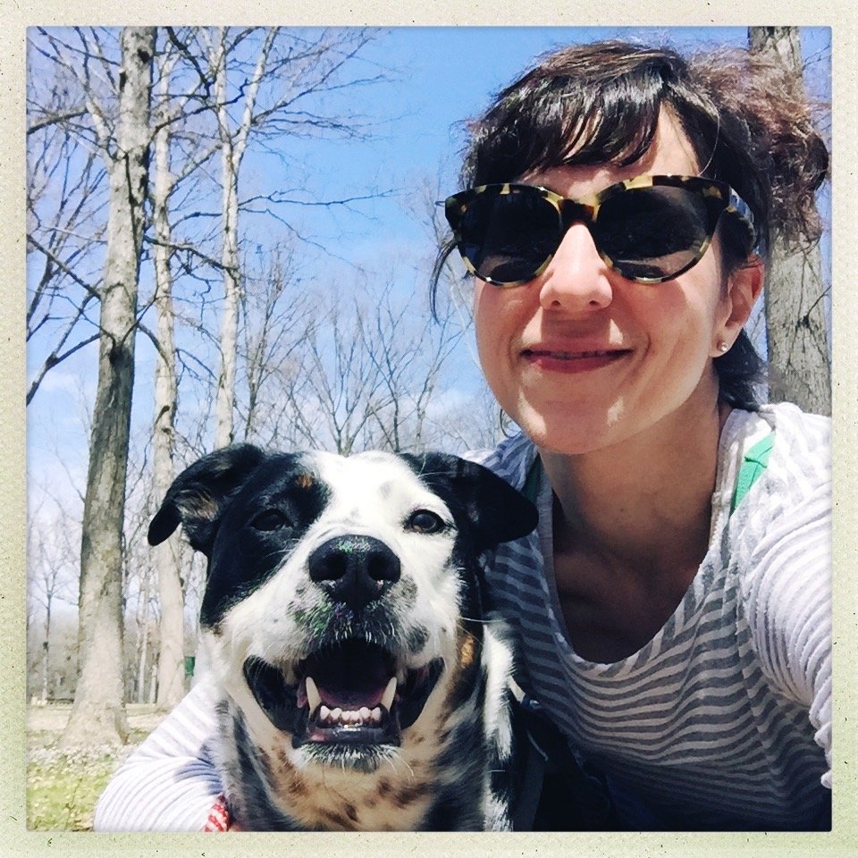 A black and white dog on a spring day with the person who loves him most.