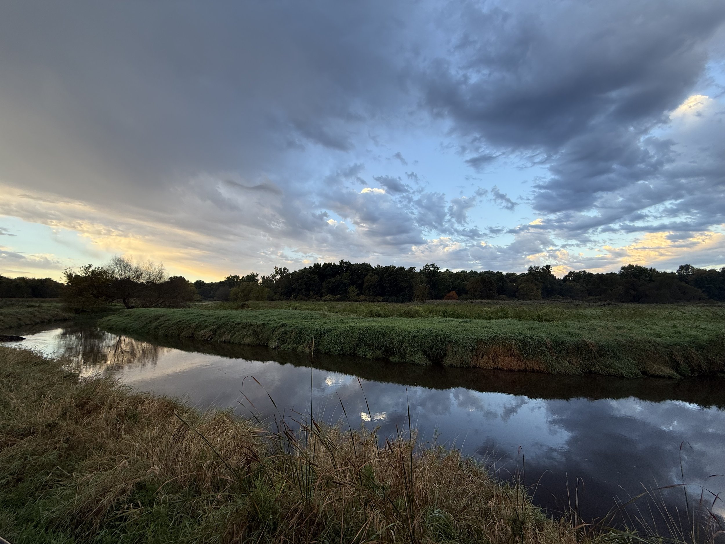 A view of grasslands with dramatic skies at sunrise.