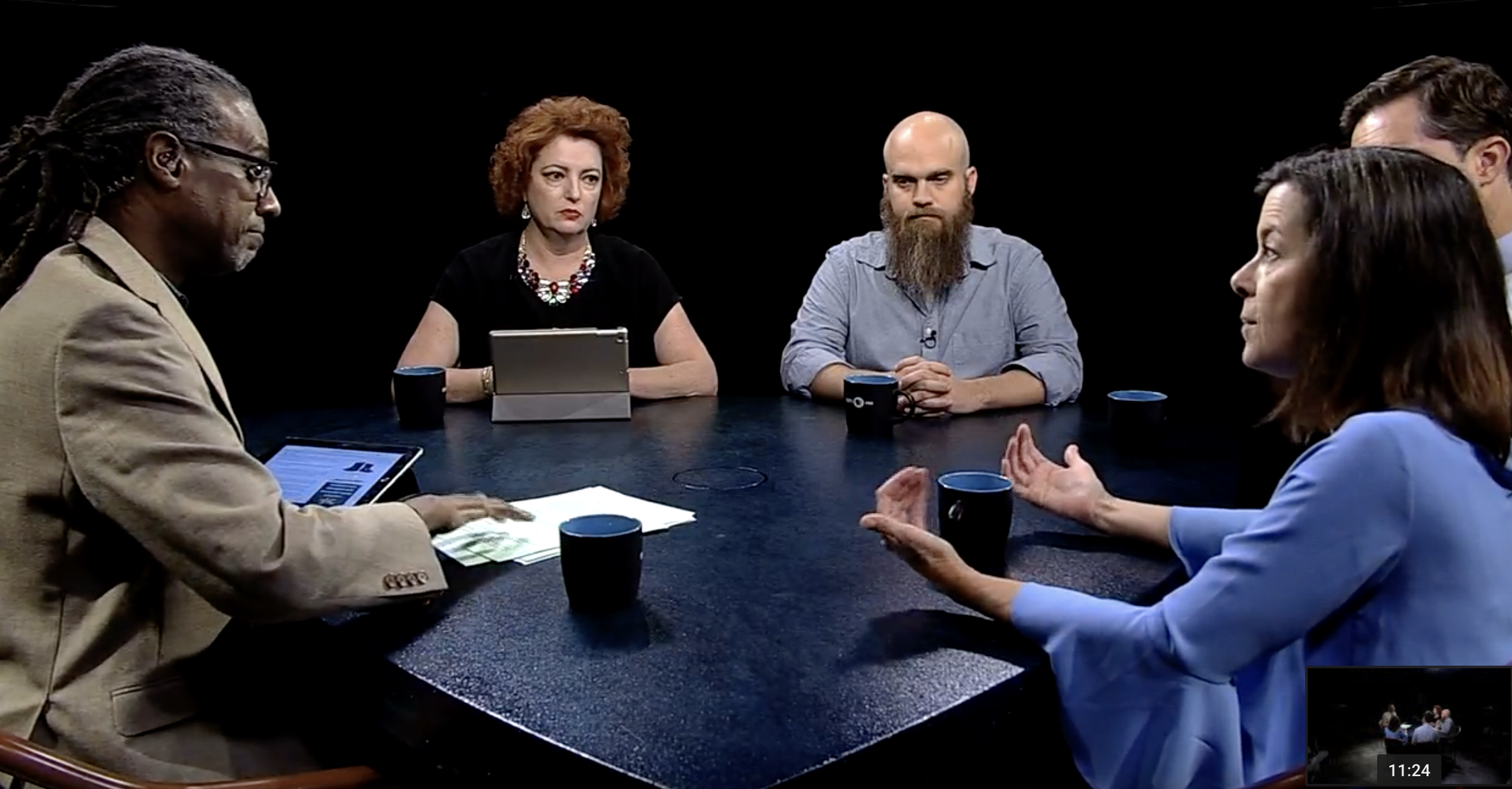 The New Mexico In Focus’ The Line panel (left to right) host, Gene Grant; Vox Optima executive director and owner, Merritt Hamilton Allen; New Mexico Political Report reporter, Andy Lyman; The Albuquerque Journal reporter, Dan McKay; and director of state operations and Common Cause, Viki Harrison.