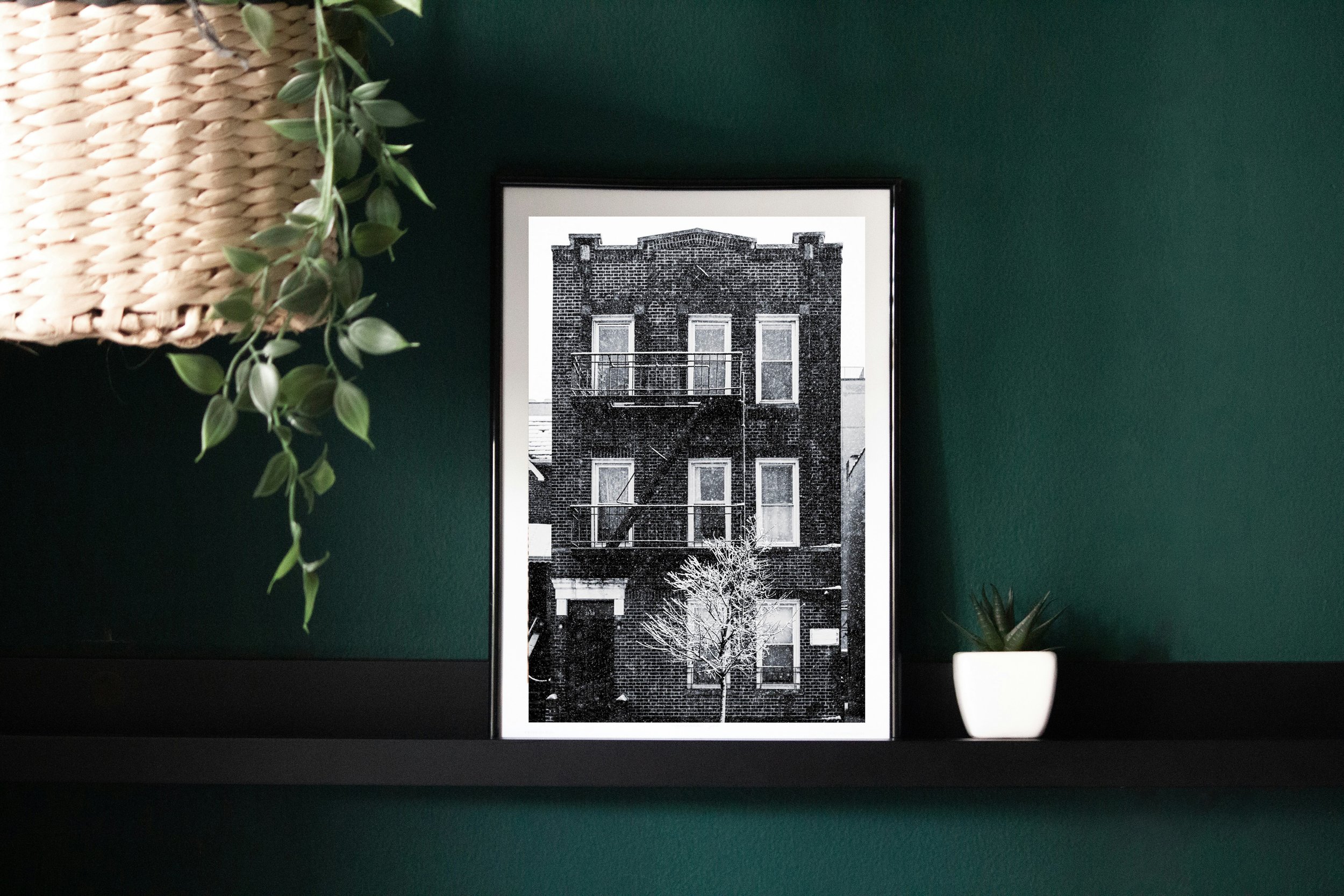 black and white photograph of snow falling infant of a pre-war brick apartment building in Astoria, queens