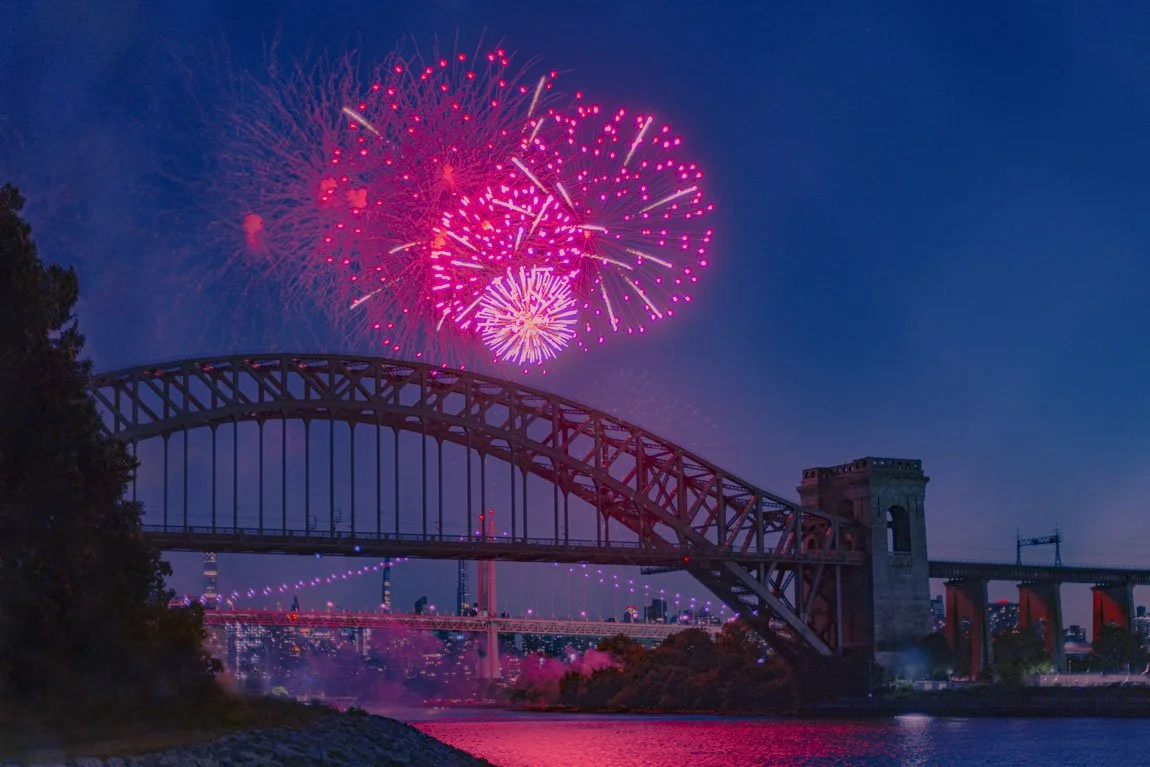 patriotic photograph wall art print of fouth of july fireworks taken at astoria park in queens New York City  with the hell gate bridge