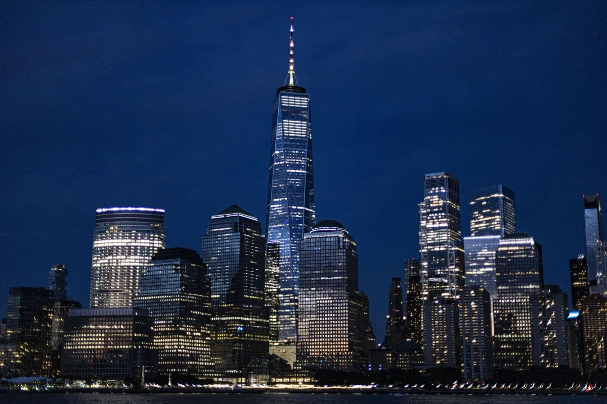 wall art of one World Trade Center at twilight in New York City from the Hudson River