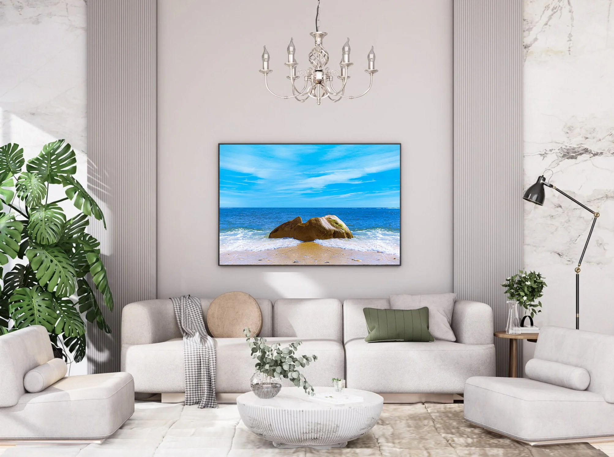 Fine art photograph of a large golden-brown boulder surrounded by white Atlantic waves on a sandy Long Island beach beneath a vivid blue sky.