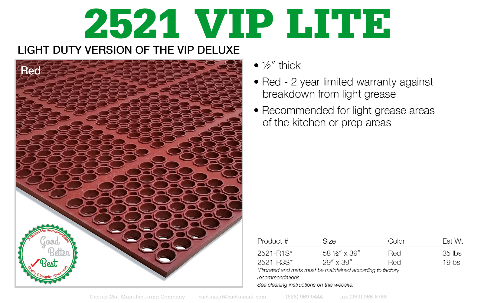 Cactus Mat 2520-R1S VIP Deluxe 58 1/2 x 39 Red Grease-Resistant, Anti- Fatigue, Anti-Slip Floor Mat - 7/8 Thick
