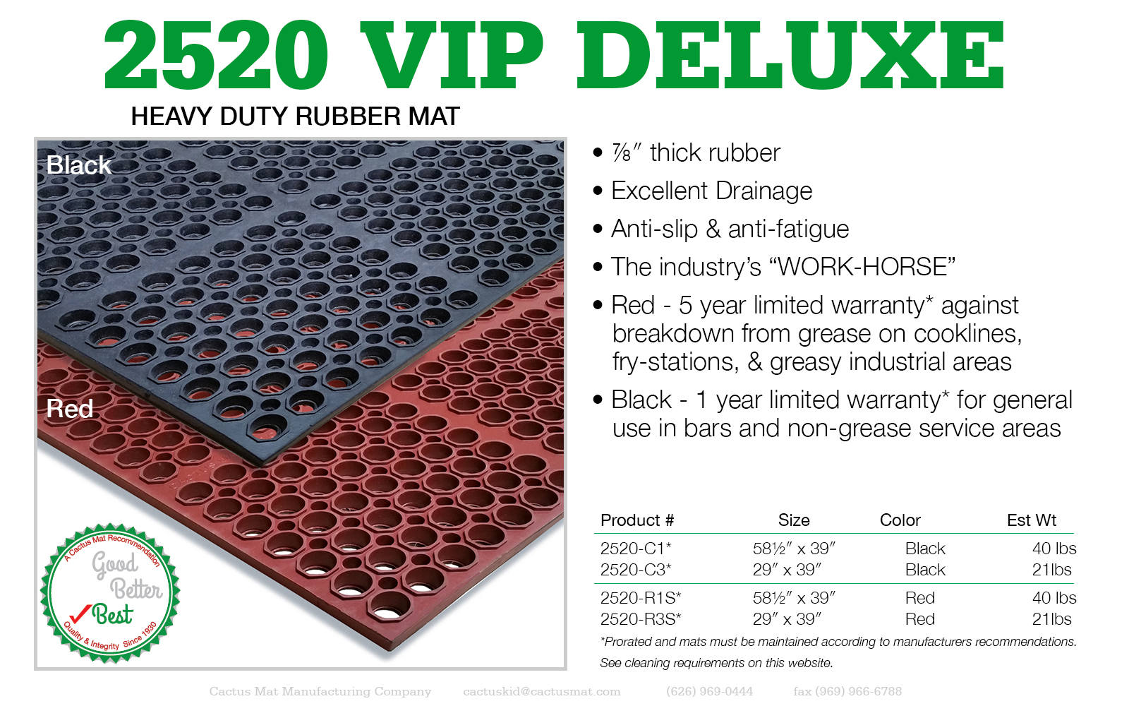 Cactus Mat 2520-R1S VIP Deluxe 58 1/2 x 39 Red Grease-Resistant,  Anti-Fatigue, Anti-Slip Floor Mat - 7/8 Thick