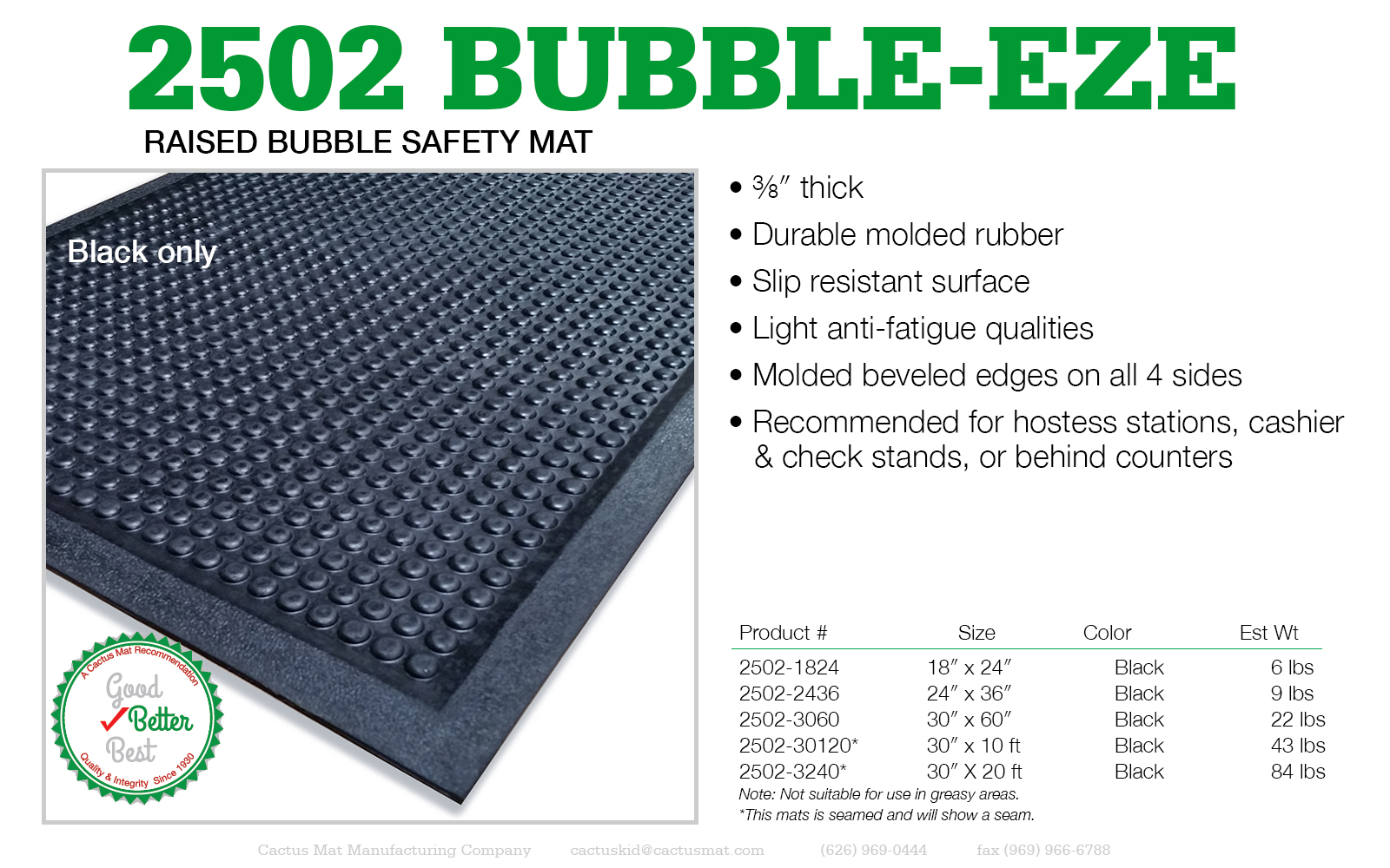 Cactus Mat 2502-2436 24 x 36 Bubble-Eze Raised Bubble Safety Mat /  Anti-Fatigue Mat - Black