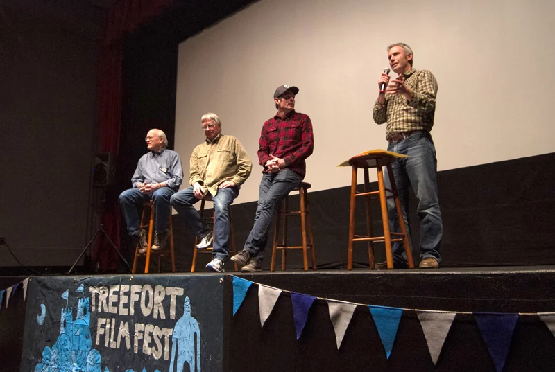 From left to right, IRU board member Tom Stuart, Boise salmon advocate Reed Burkholder, DamNation co-director and editor Ben Knight and IRU’s Greg Stahl discuss dams and what they mean for Idaho’s endangered salmon following the film’s screening on March 23. Photo by Cody Gittings.
