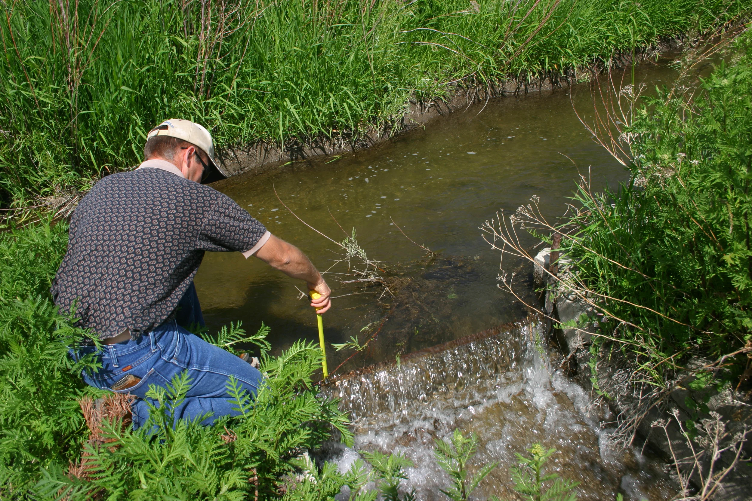 District 37/37M Watermaster Kevin Lakey measures water near the end of the 45 Canal in the Bellevue Triangle of southern Blaine County. The water, donated to the Wood River Legacy Project, is moving in new directions to benefit fish, wildlife and down-basin irrigators. (photo by Greg Stahl)