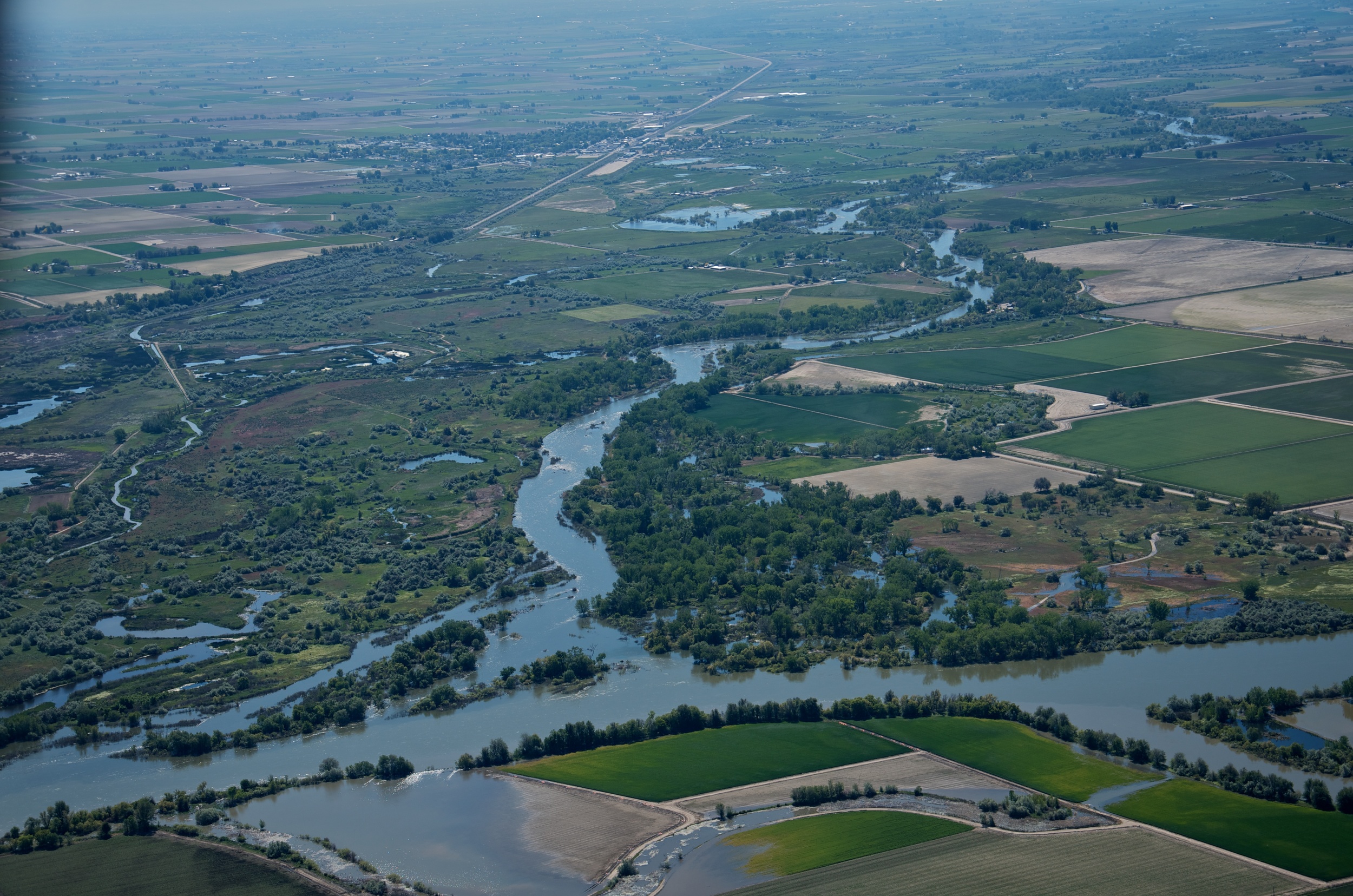 An aerial view of Martin Landing at high water in June 2011 shows a functioning floodplain.