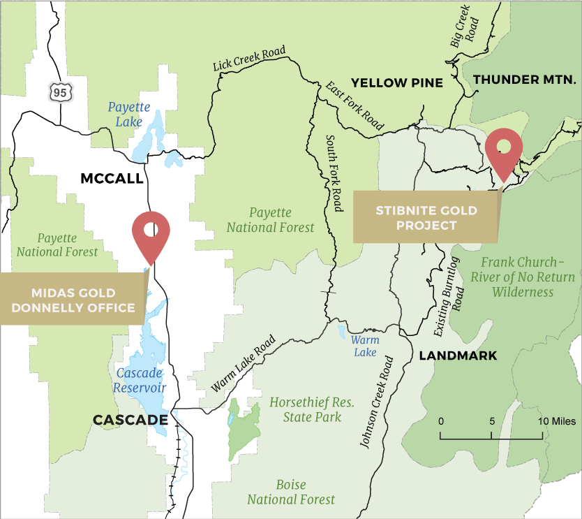 A map showing the location of the Stibnite Gold Project.