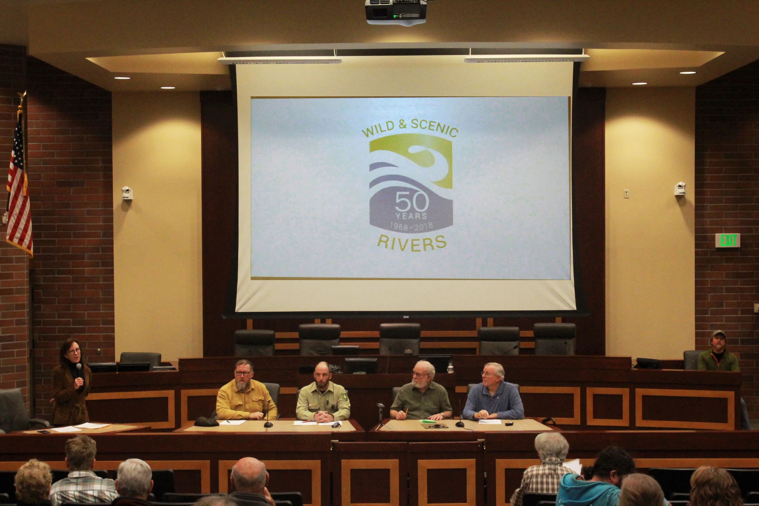 Panelists gather in Moscow, Idaho, to discuss the fiftieth anniversary of the Wild and Scenic Rivers Act. From left to right: Dustin Aherin, Chris Noyes, Linwood Laughey and Kevin Lewis. Photo by Ava Isaacson.