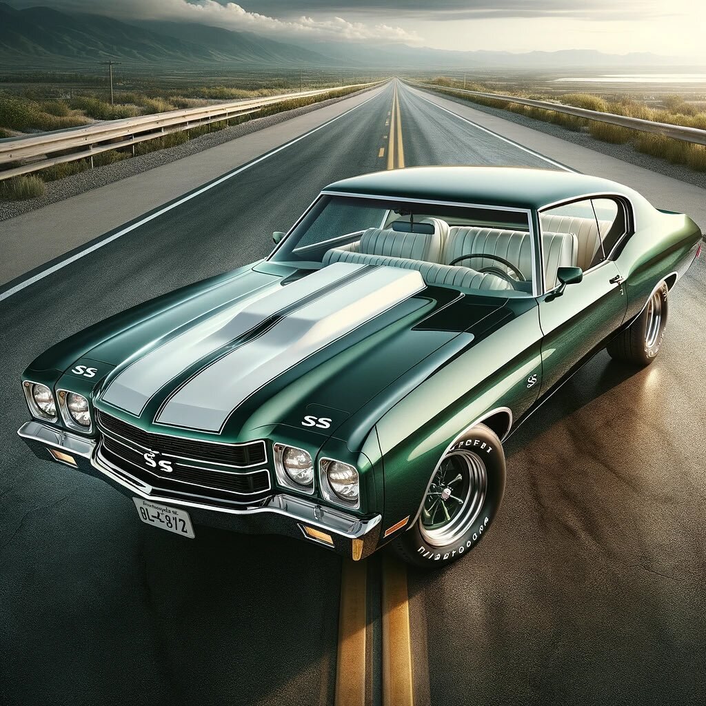 Text to Image experiments. ChatGPT4 / Dall-E. There is a suchness to the style but undeniably amazing tech eye candy. The car prompt was &lsquo;1970 Chevelle SS Green&rsquo; which was my favorite muscle car in my teens. Mom rented out our garage, und