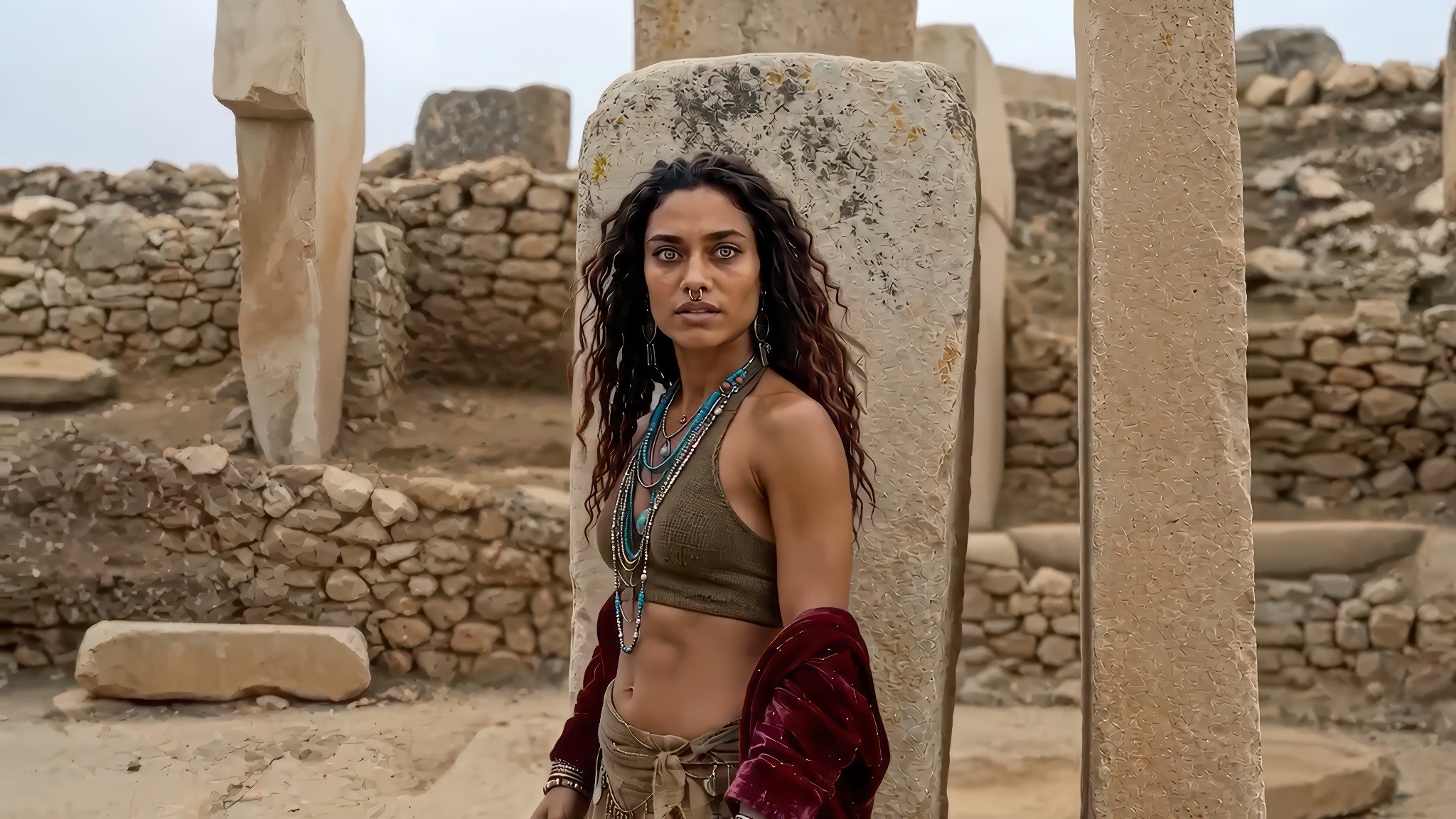 Yara at Göbekli Tepe in the cinematic world of PLEASE FORGET (EVERYTHING), joining deep history with speculative film.