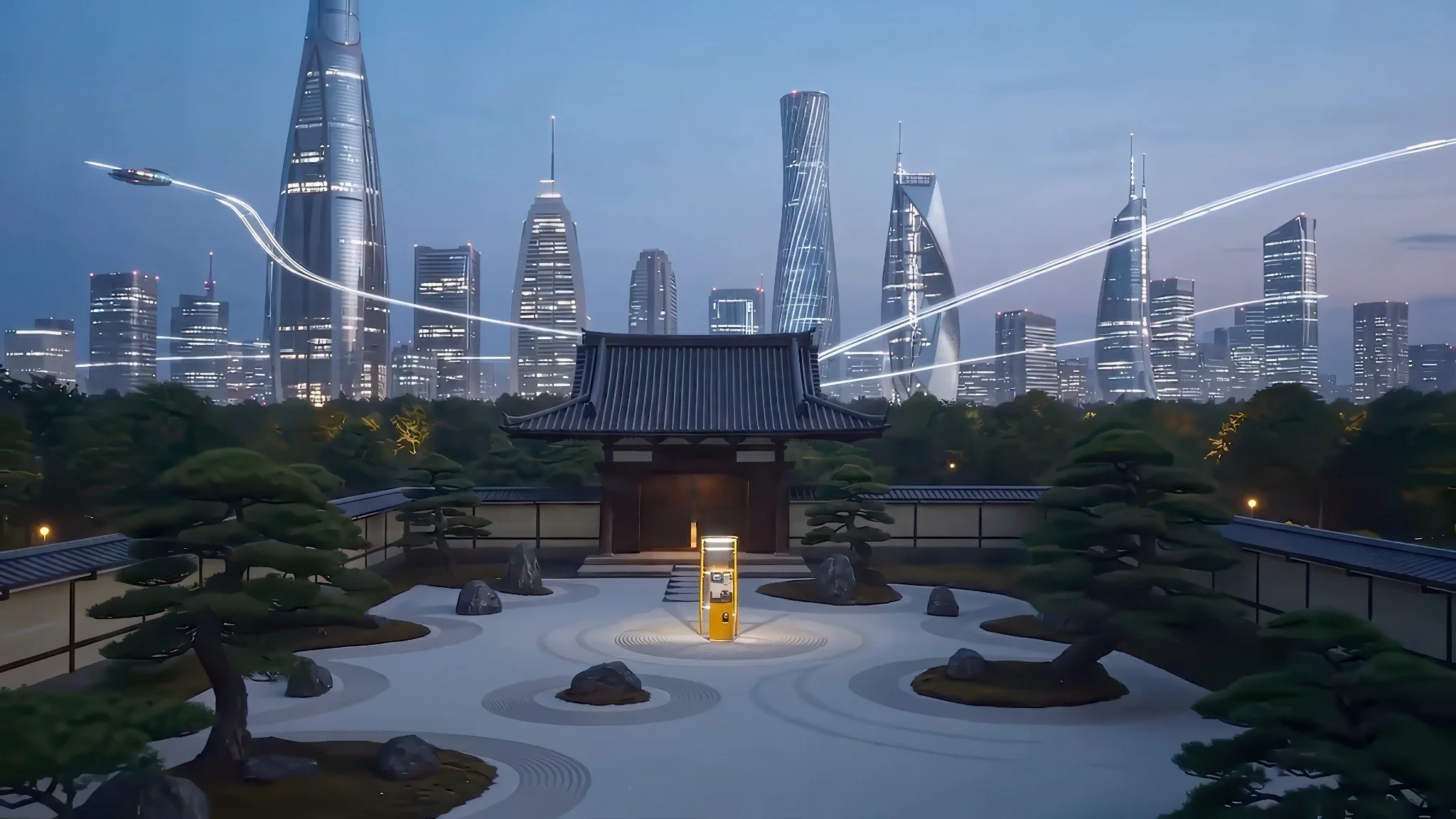 A yellow Amano parking meter installed in a Zen garden in Kyoto for PLEASE FORGET (EVERYTHING).
