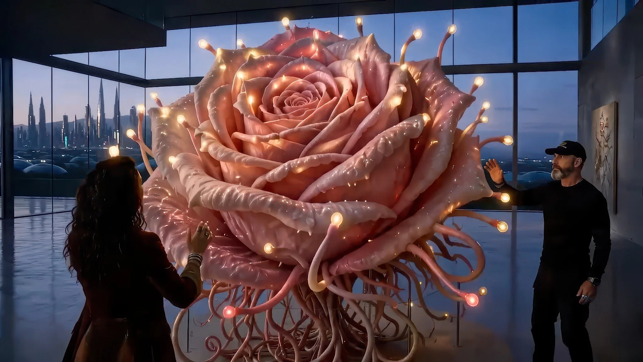 Rose Sculpture in the cinematic world of PLEASE FORGET (EVERYTHING), extending the installation into speculative film.