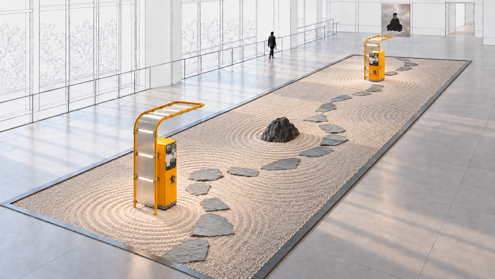 Opposed Parking Meters: proposed Zen garden installation with two yellow Amano meters, irregular slate stepping stones and an aluminum work on the museum wall.