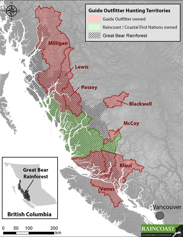Reprinted with permission from the Raincoast Conservation Foundation . Raincoast and their First Nation partners currently control three commercial hunting territories (roughly 30,000 sq km in green, AKA Guide Outfitter tenures) in Canada’s Great Bear Rainforest. The goal is to purchase all remaining territories and, with First Nation partners, end the trophy hunting of bears, wolves and large carnivores throughout this region.