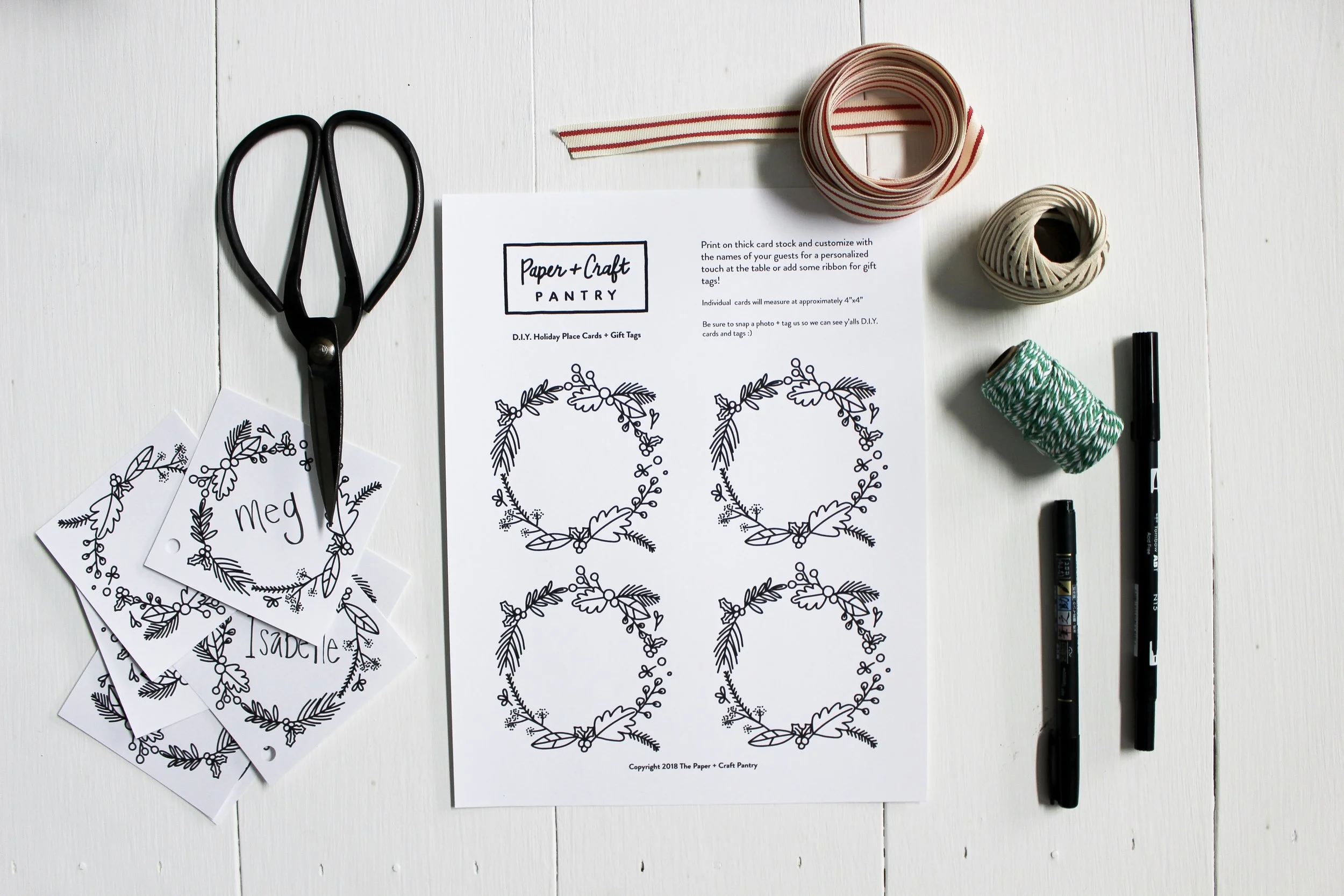The Paper + Craft Pantry Blog: Our printout, ribbon, markers, and scissors.