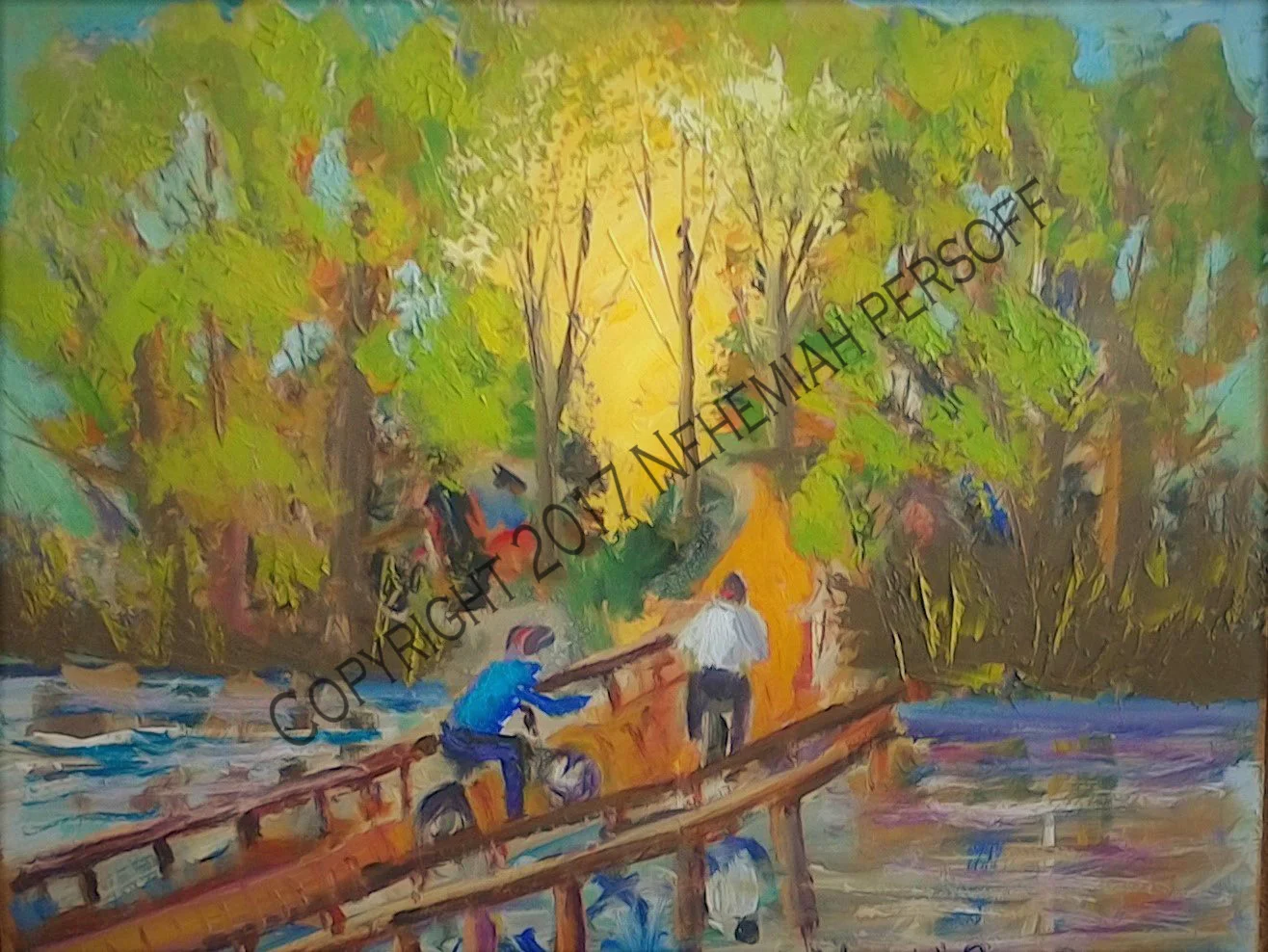 "Bicycling Into The Woods", Pallet knife and brush, Oil on Plywood (20x24) $7500