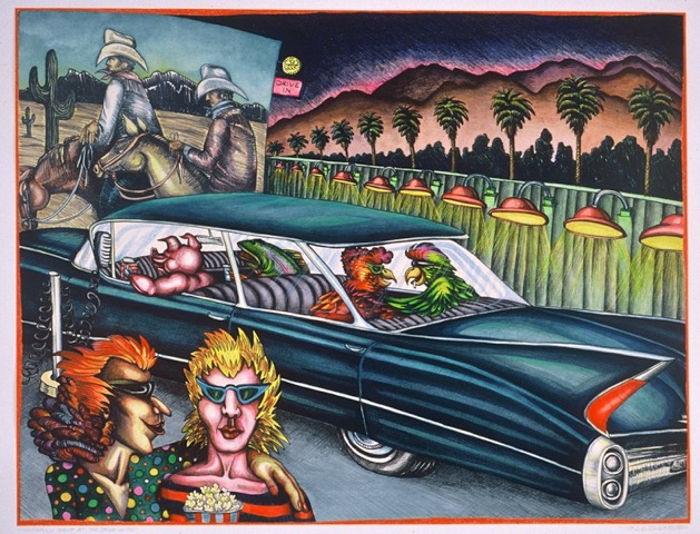 Lynn Cloleman, 1980, Family Night at the Drive-in, Mixed Media/Watercolor, 28” x 22”