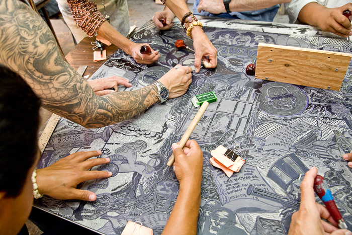 Peter Merts, Collaborative linocut at San Quentin State Prison , color photograph (detail)