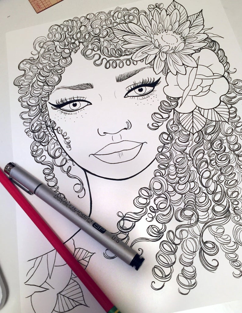 girl with curly hair and sunflower printable adult coloring page robin elizabeth art