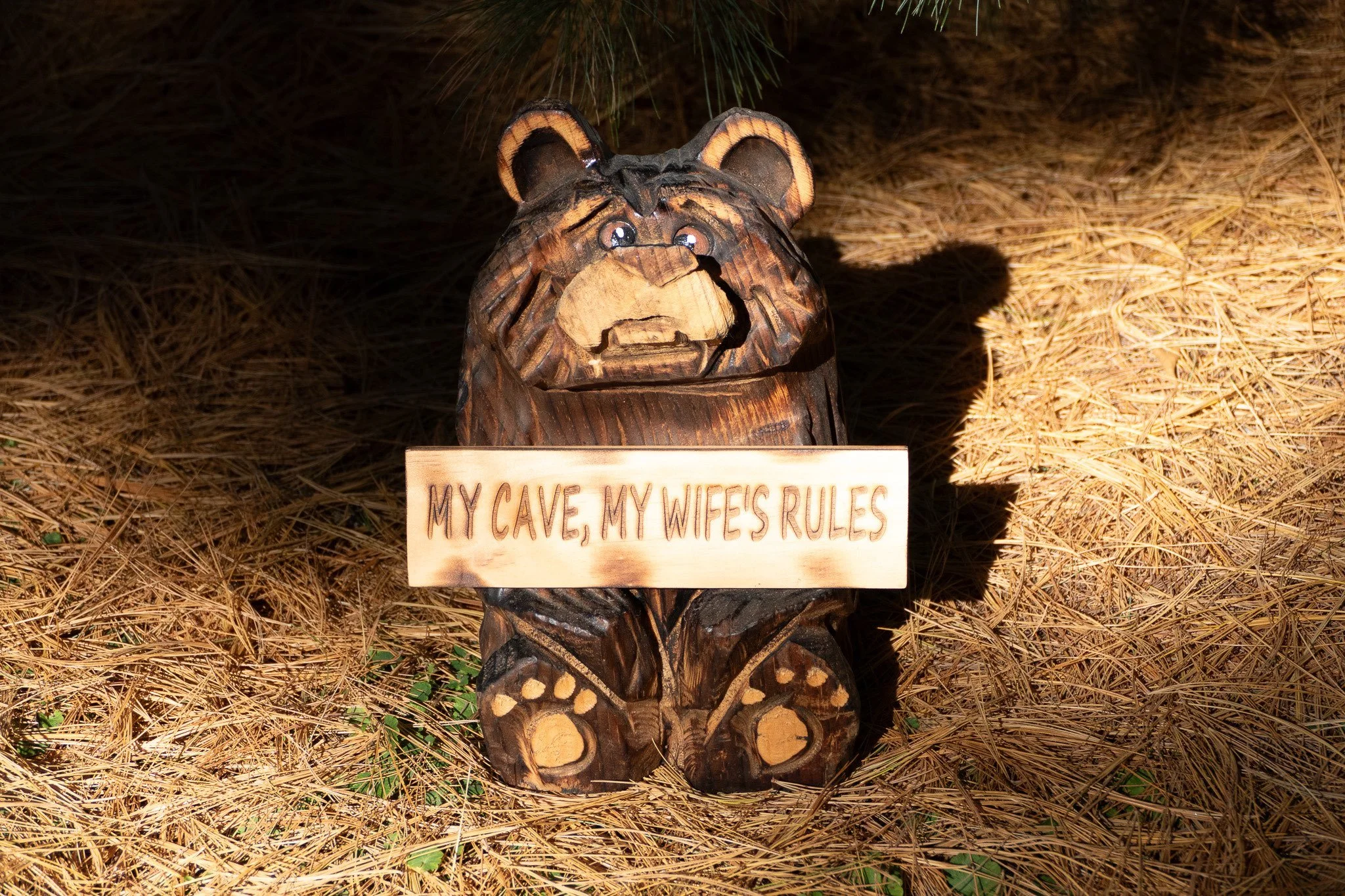 Chainsaw Carved Sitting Bear with Sign