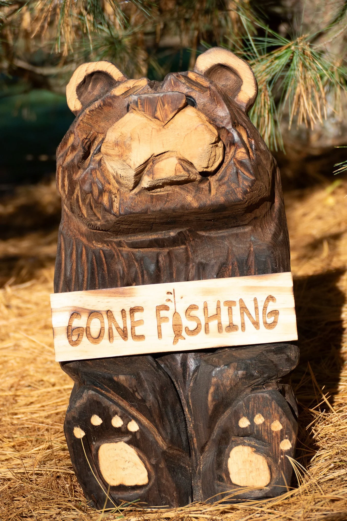 Chainsaw Carved Sitting Bear with Sign