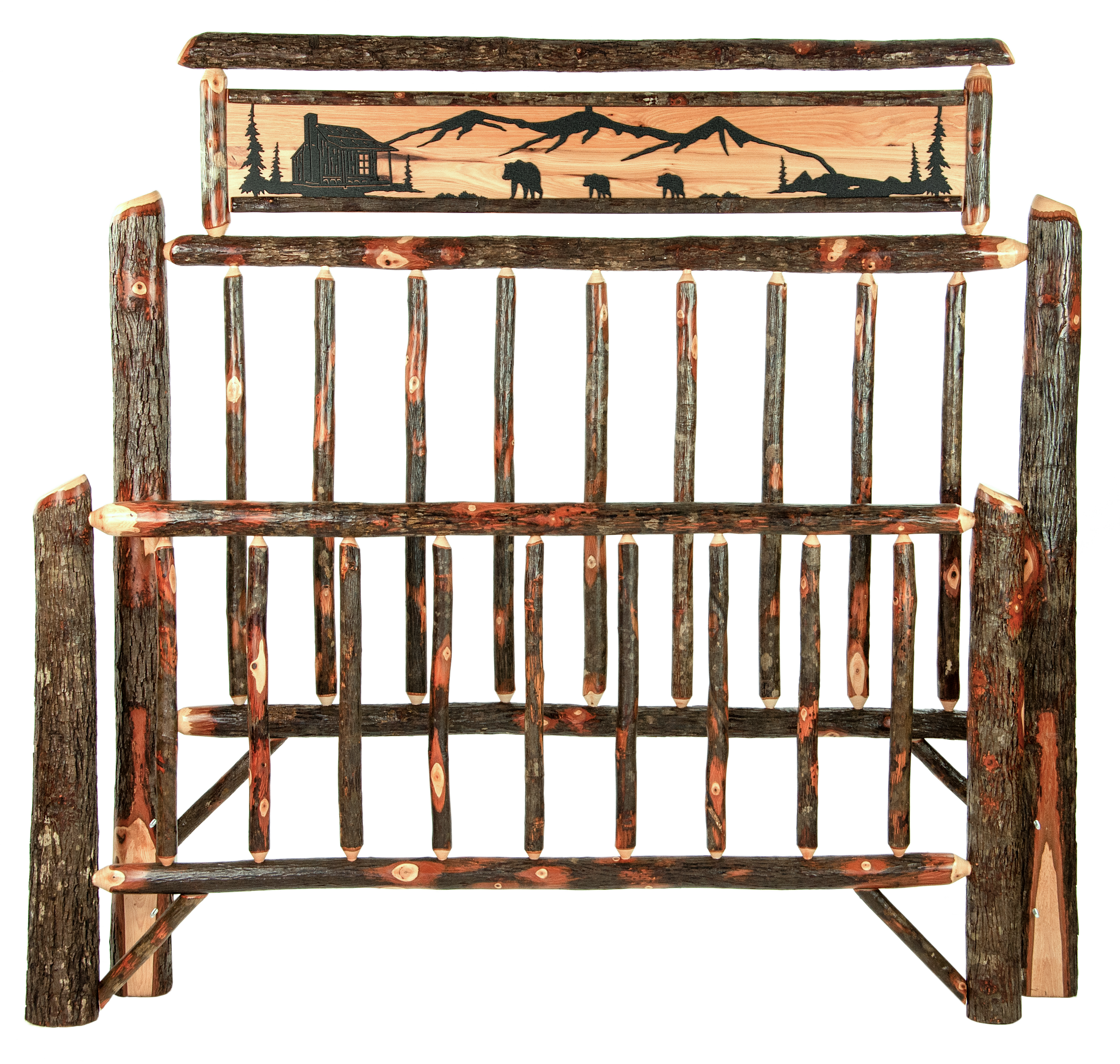 Rustic Hickory Log Bed Metal Scene Headboard or Storage Drawers