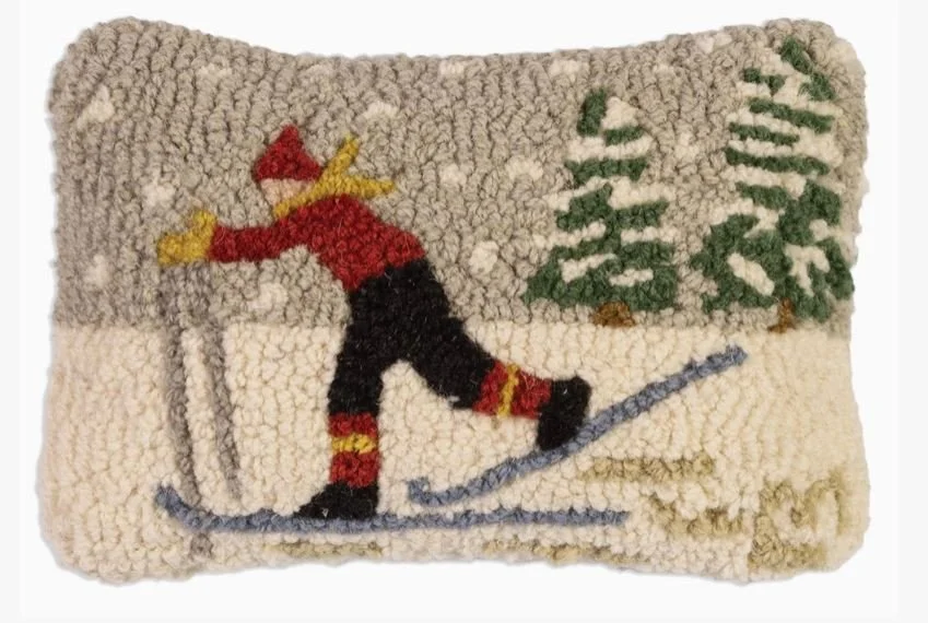 Back Country Skier Wool Hooked Pillow