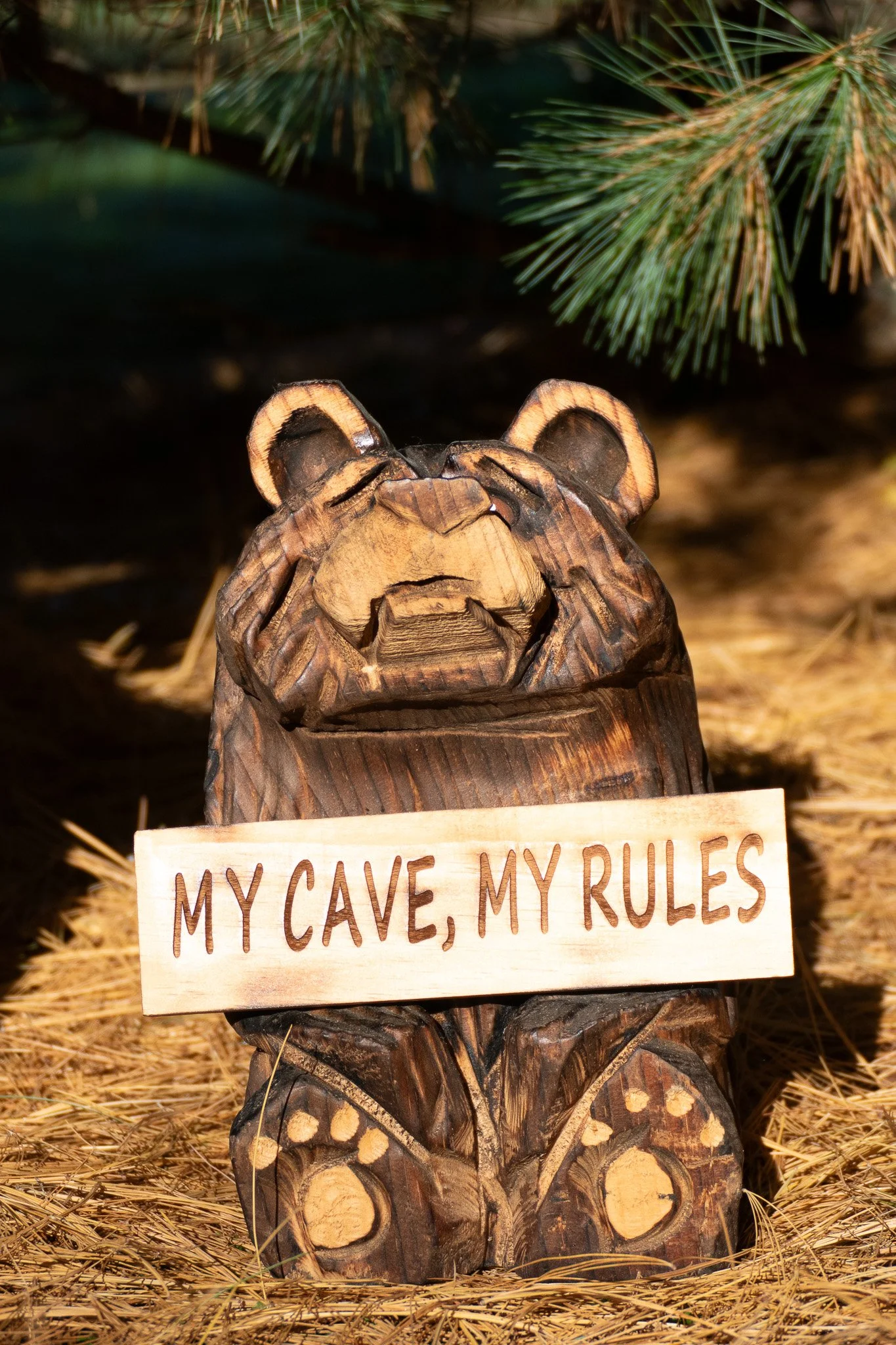My Cave My Rules Chainsaw Carved Bear