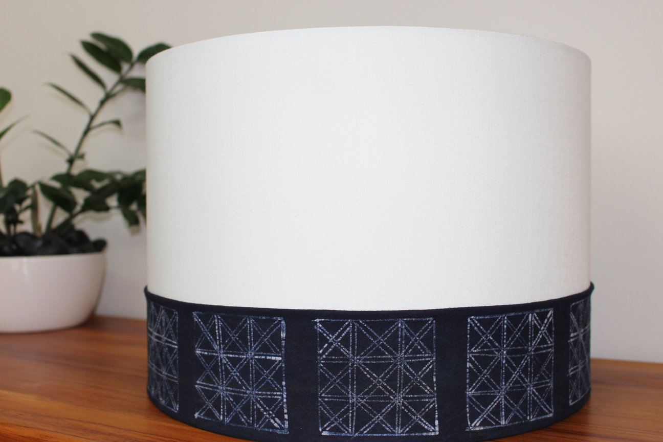 Upcycled lampshade with handmade batik fabric.
