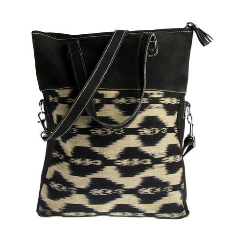 Black wool and leather Ikat handbag