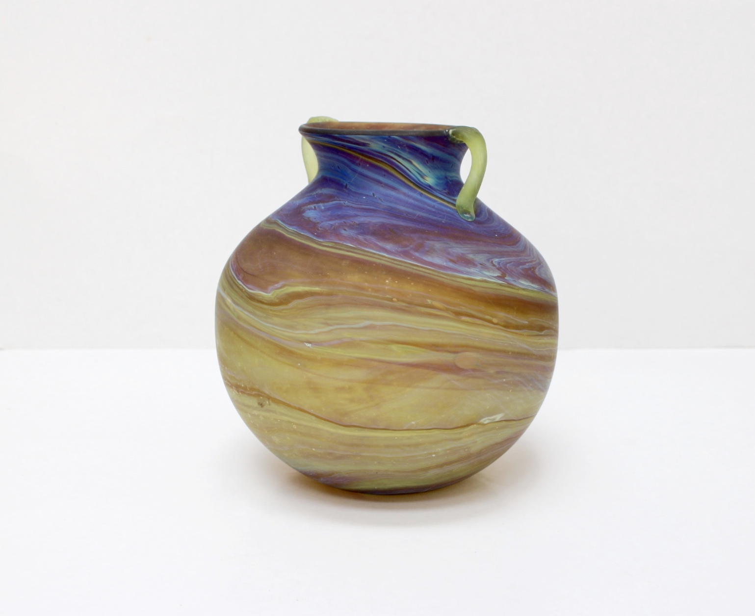 Blue and gold swirl glass vase made from recycled glass