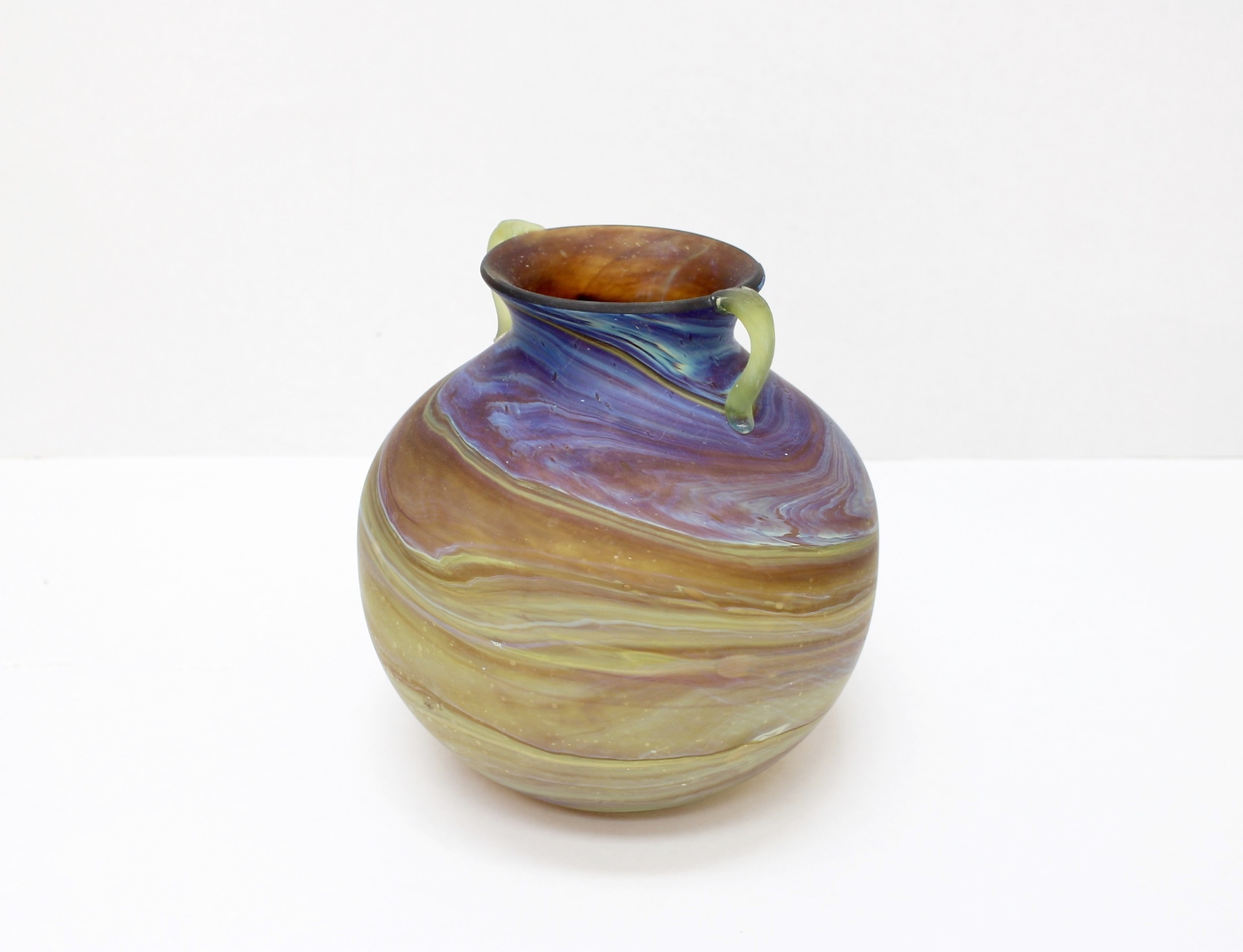 Blue and gold swirl glass vase made from recycled glass