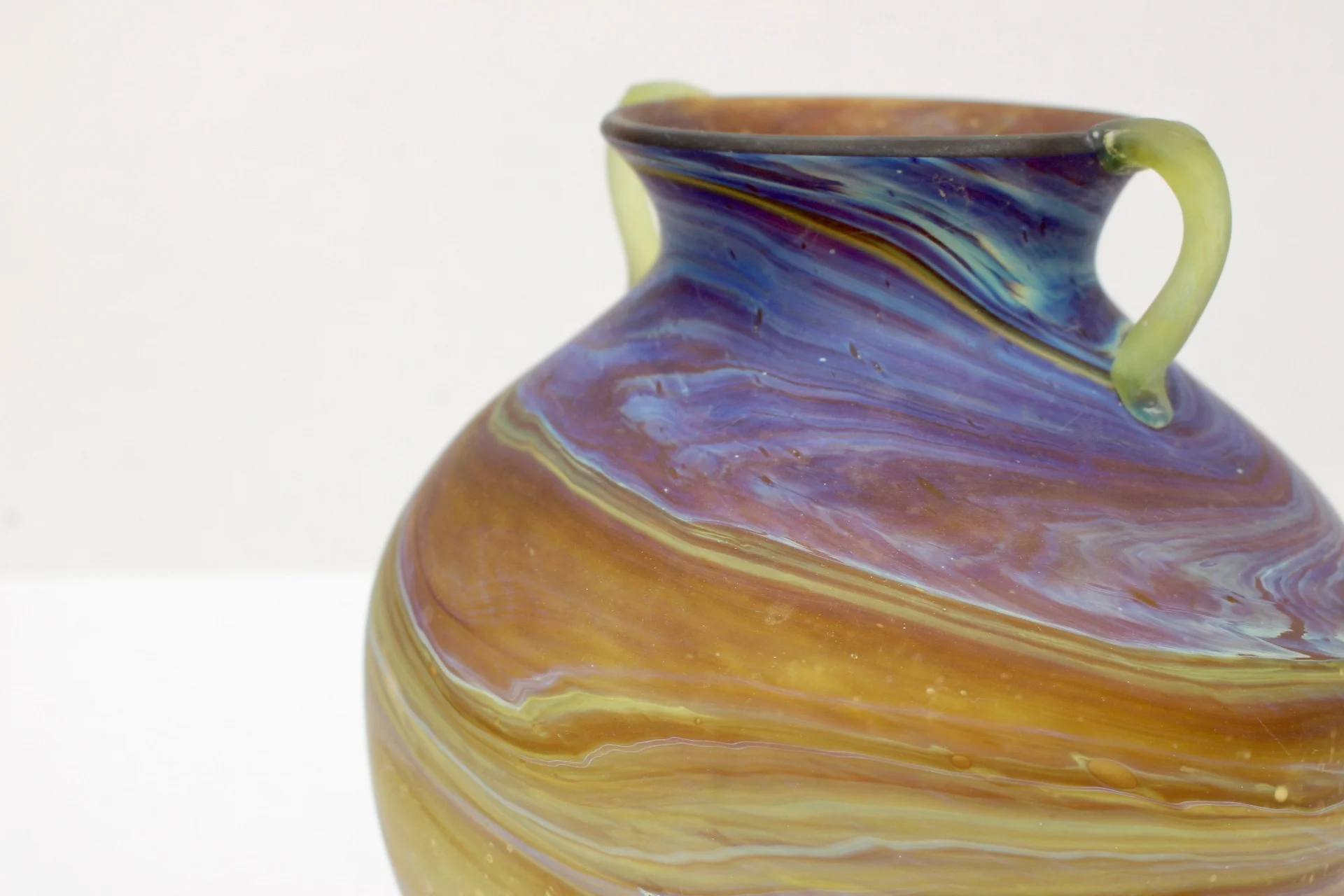 Blue and gold swirl glass vase made from recycled glass