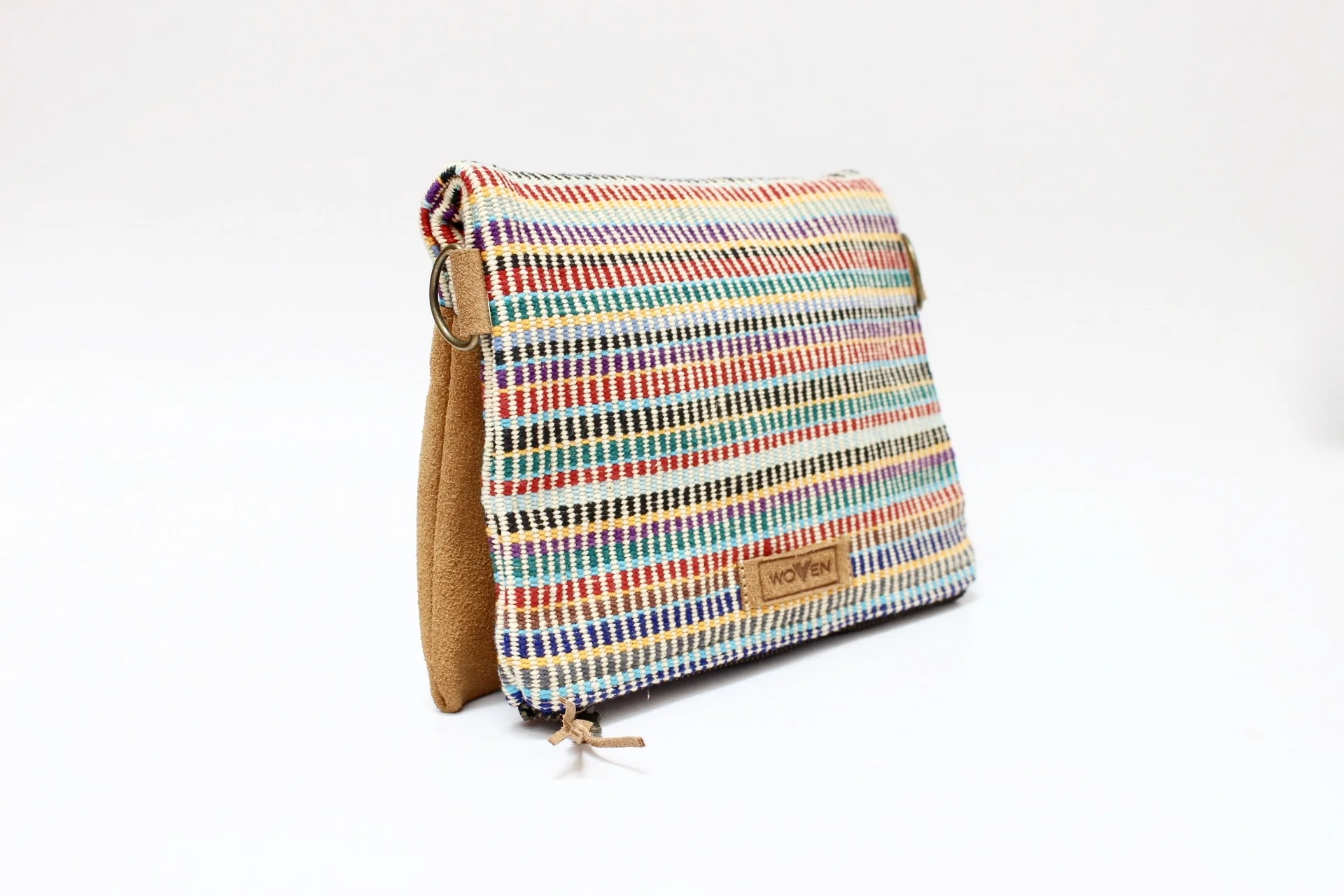 Woven fabric and leather fold over clutch ethical fashion