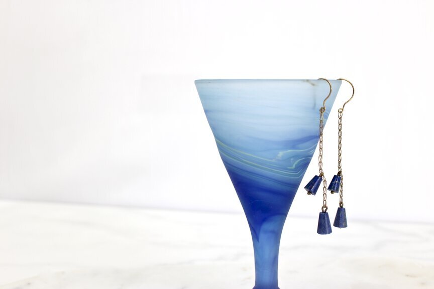 Recycled glass wine glass and lapis lazuli drop earrings.jpg
