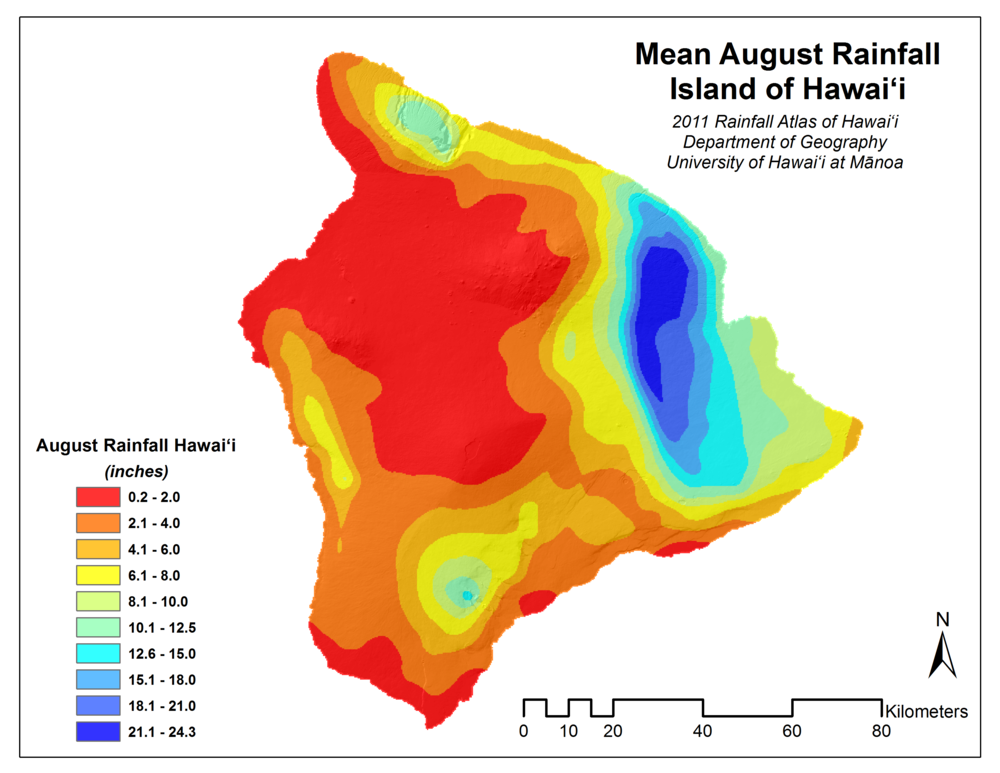 August Rainfall for Island of Hawaii