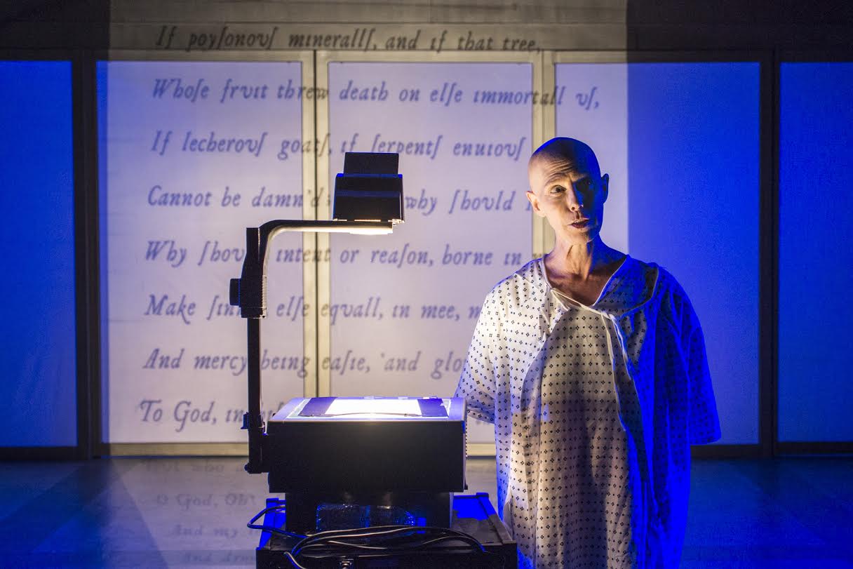 Professor Bearing (Elizabeth Lande) with a Donne sonnet (photo: Meredith Atkinson)