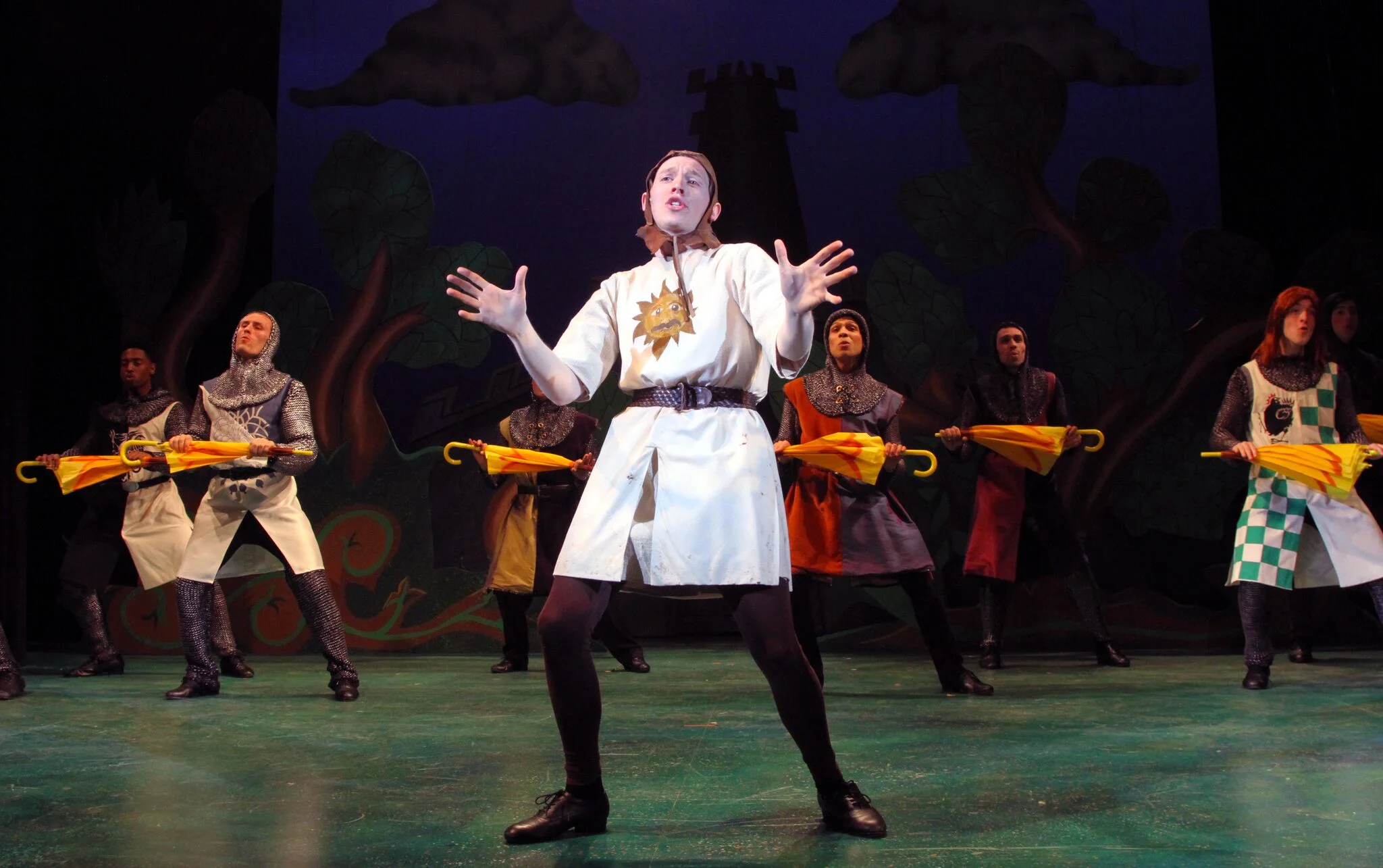 BFA actor Gavin McNicholl (Patsy) leads the cast in "Always Look on the Bright Side of Life" (photo: Gerry Goodstein)