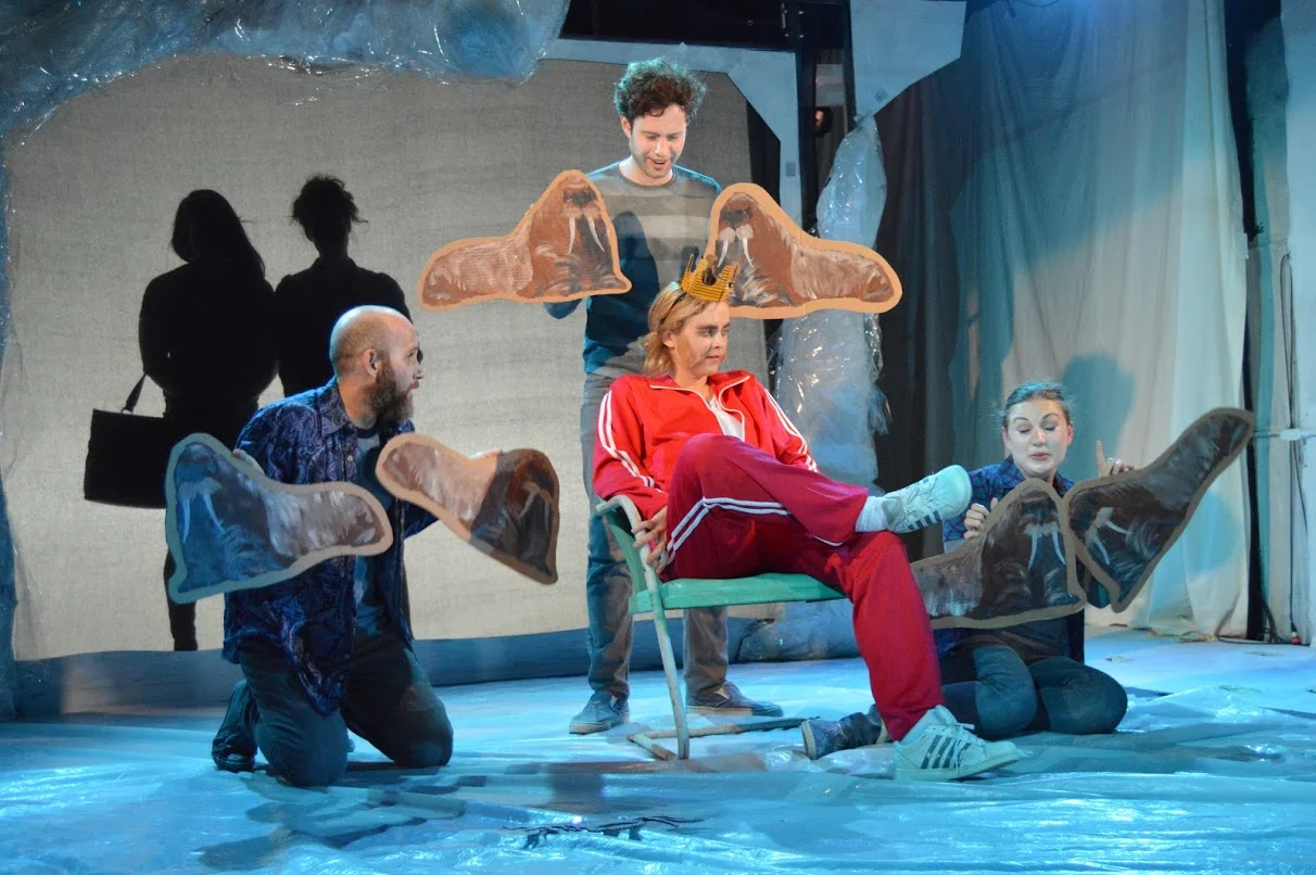 Roy (Marie Botha, seated) with walrus henchman (Yagil Eliraz, Patrick Foley, Rebecca Hampe) and silhouettes of Rena (Ricardo Davila) and Linda (Emily Reeder) (photo: Kristian Rasmussen)
