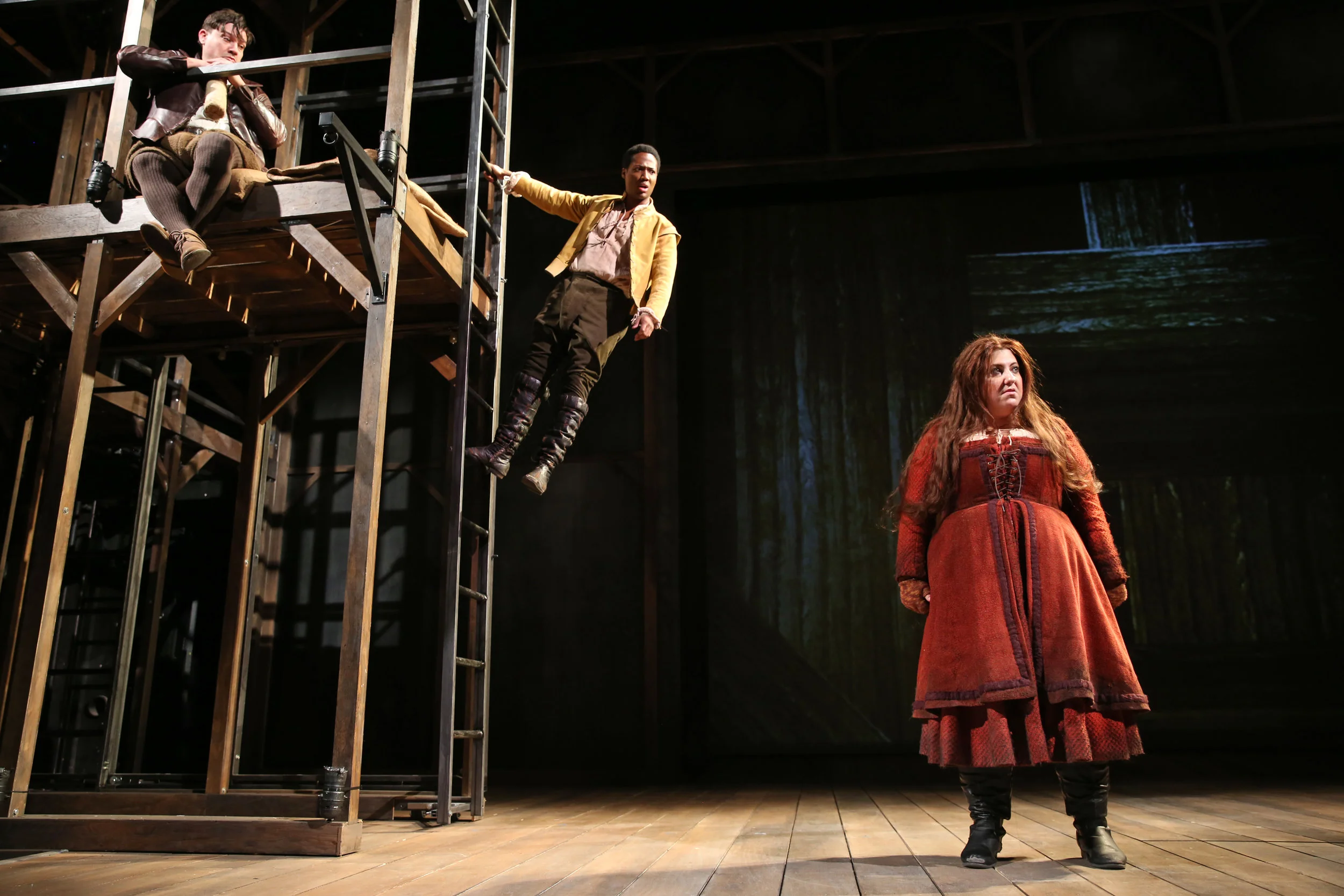 John Heminges (Christopher Ryan Grant), Henry Cordell (Hubert Point-Du Jour), Imogen (Ashlie Atkinson) (photo: Joan Marcus)
