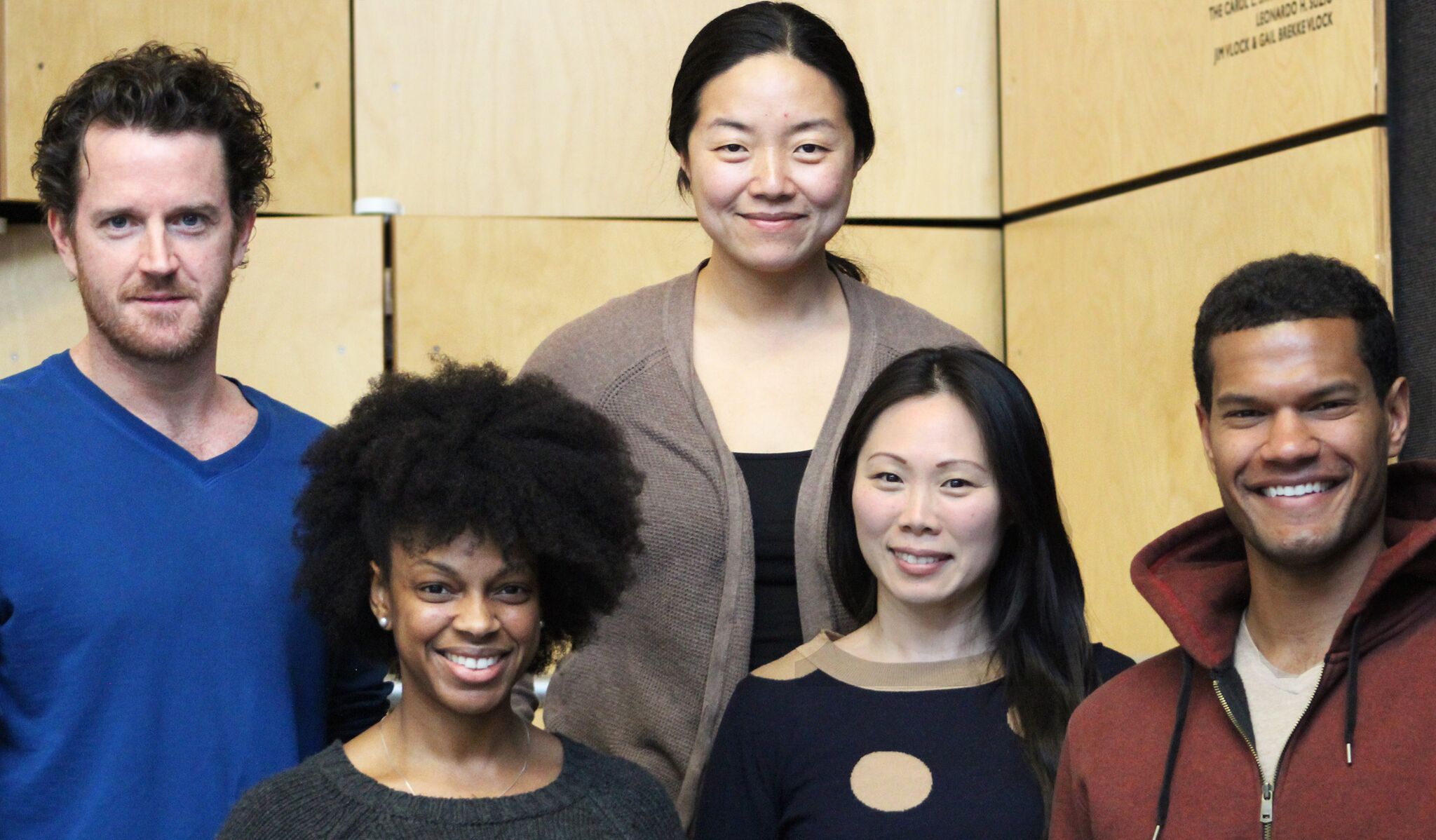 left to right: back row: Peter O'Connor (Brian); director Desdemona Chiang; front row: Tiffany Nichole Greene (Valerie), Ka-Ling Cheung (Ginny), Sullivan Jones (Jackson)