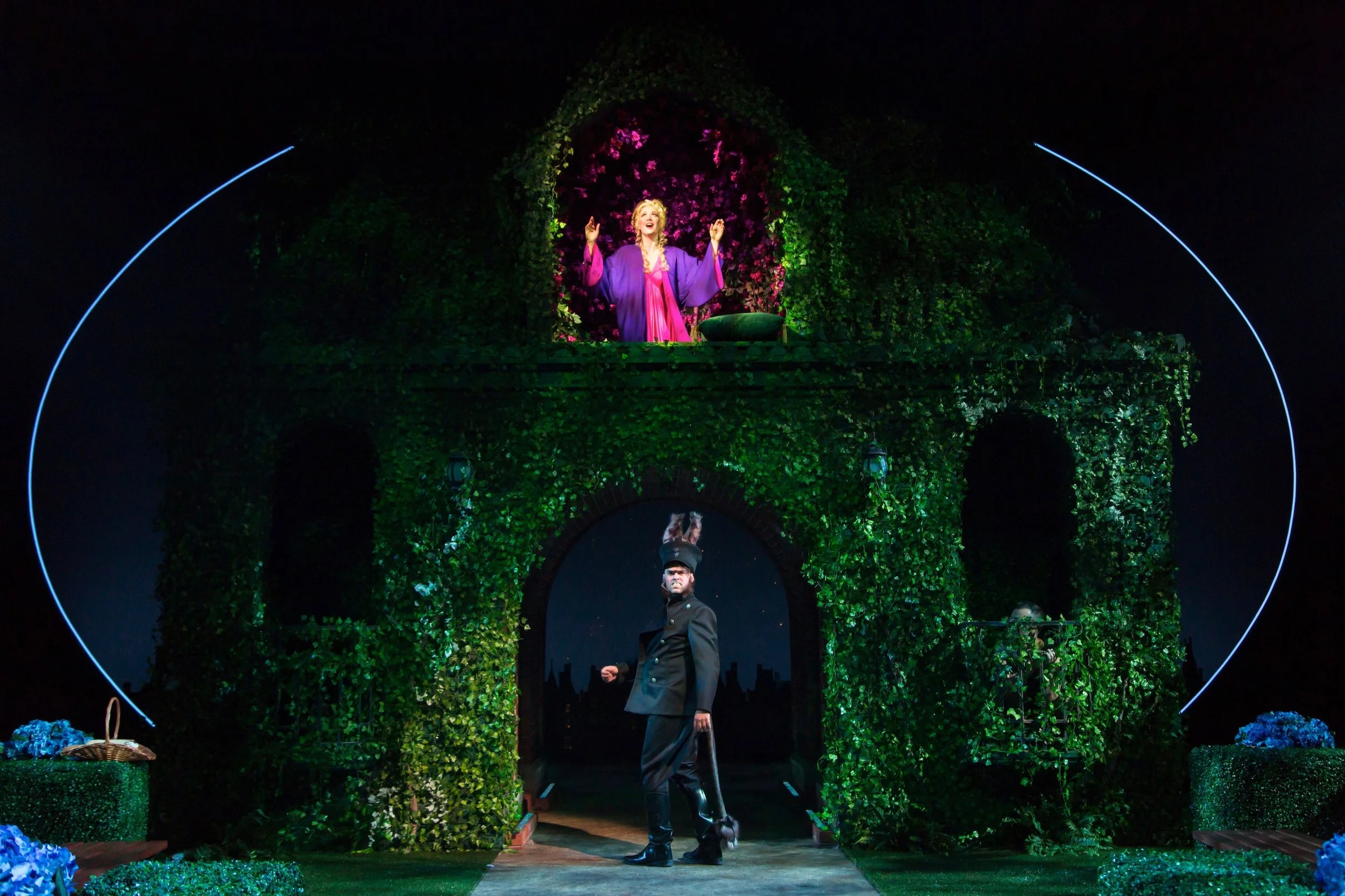 Titania (Scarlett Strallen), above, Bottom (John Lavelle), below