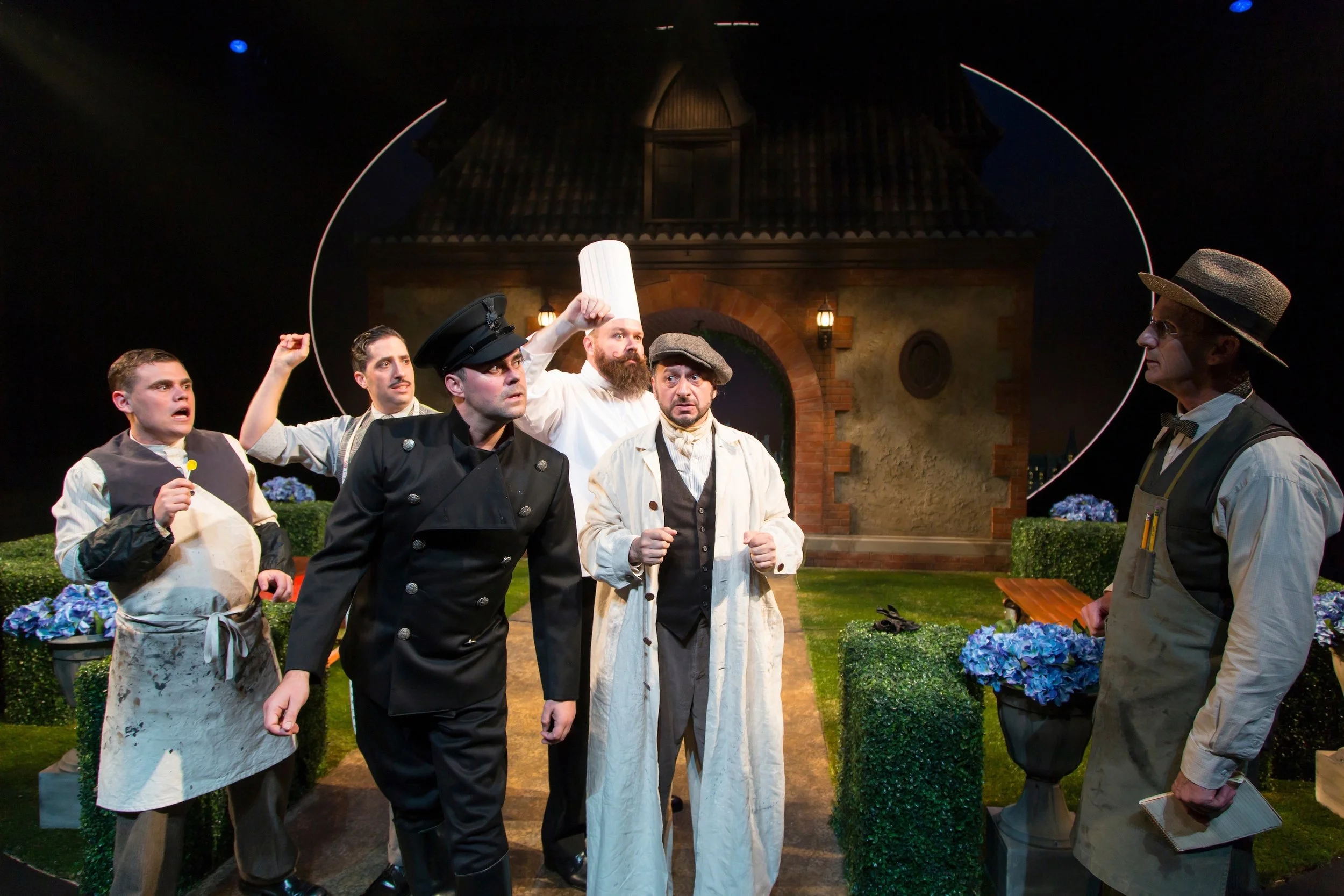 left to right: Flute (Matthew Macca), Starveling (Alexander Sovronsky), Bottom (John Lavelle), Snout (Brent Bateman), Snug (Louis Tuccci), Peter Quince (Robert Hannon Davis)