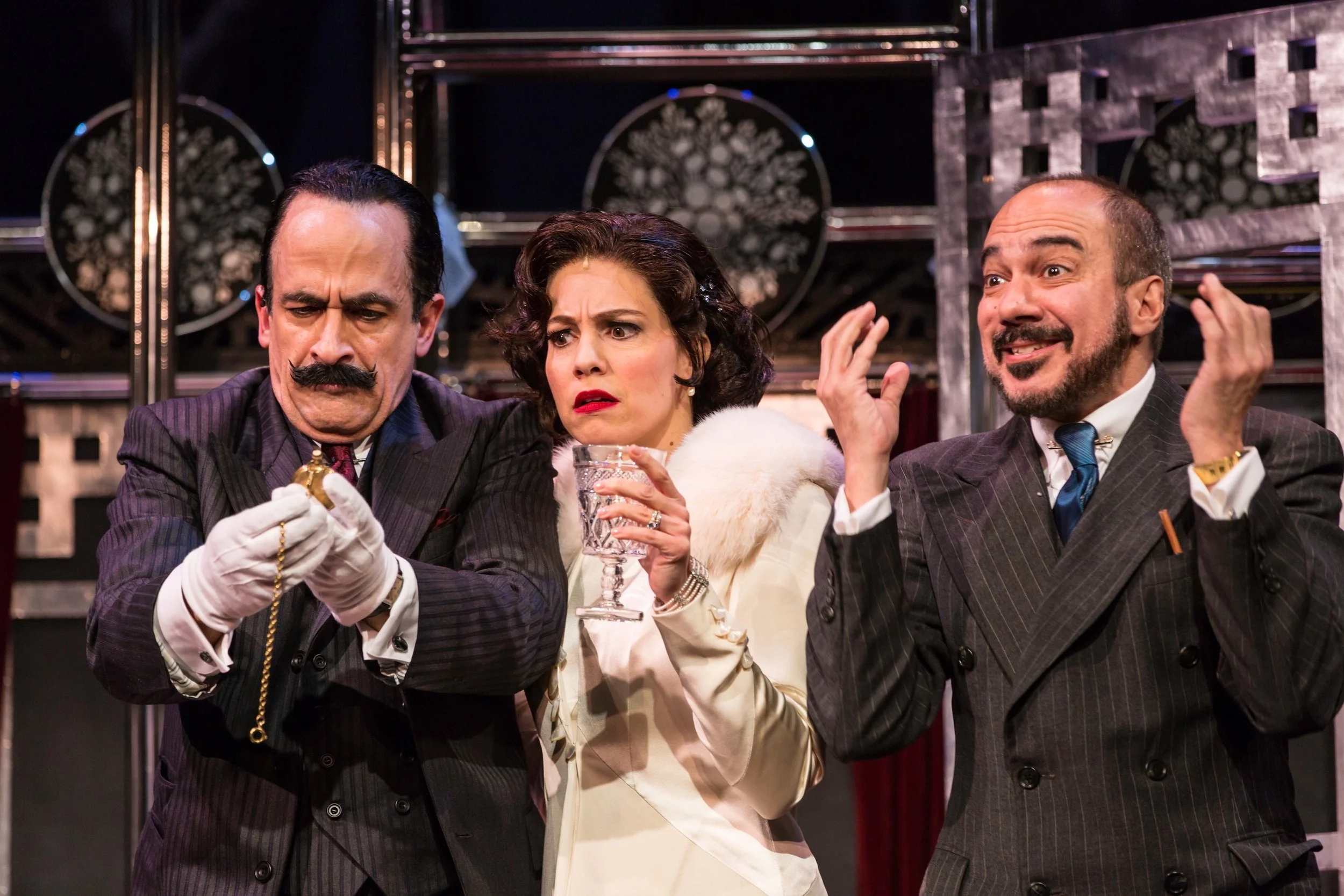 Hercule Poirot (David Pittu), Countess Andrenyi (Leigh Ann Larkin), M. Bouc (Evan Zes)