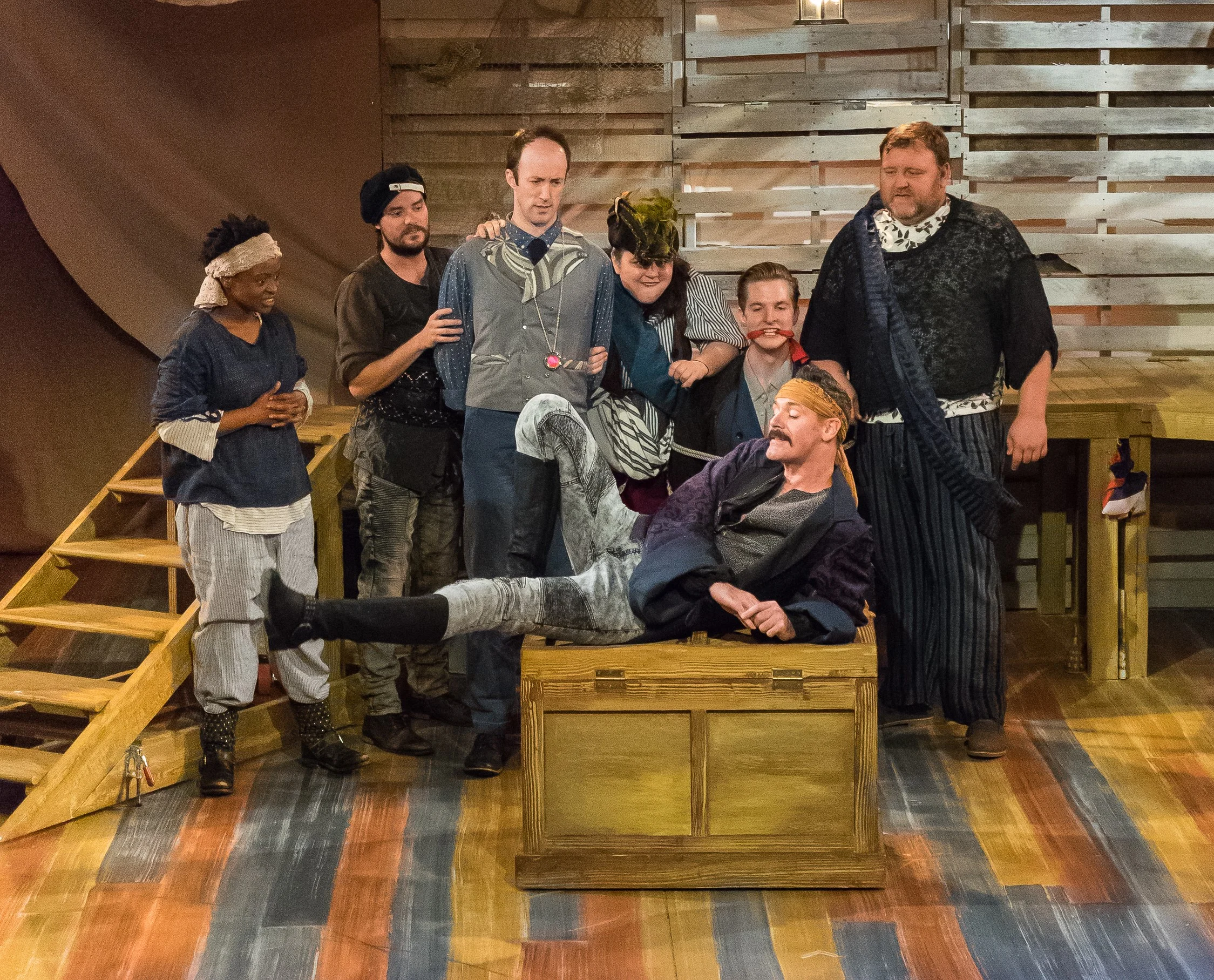 Black Stache (Matthew Quinn, foreground), l. to r.: Smee (Miss Sandra Mhlongo), Slank (Thomas Daniels), Lord Aster (James Patrick Nelson), Mrs. Brumbake (Colleen Welsh), Capt. Robert Falcon Scott (Nicholas Dana Rylands), Alf (James Fairchild)